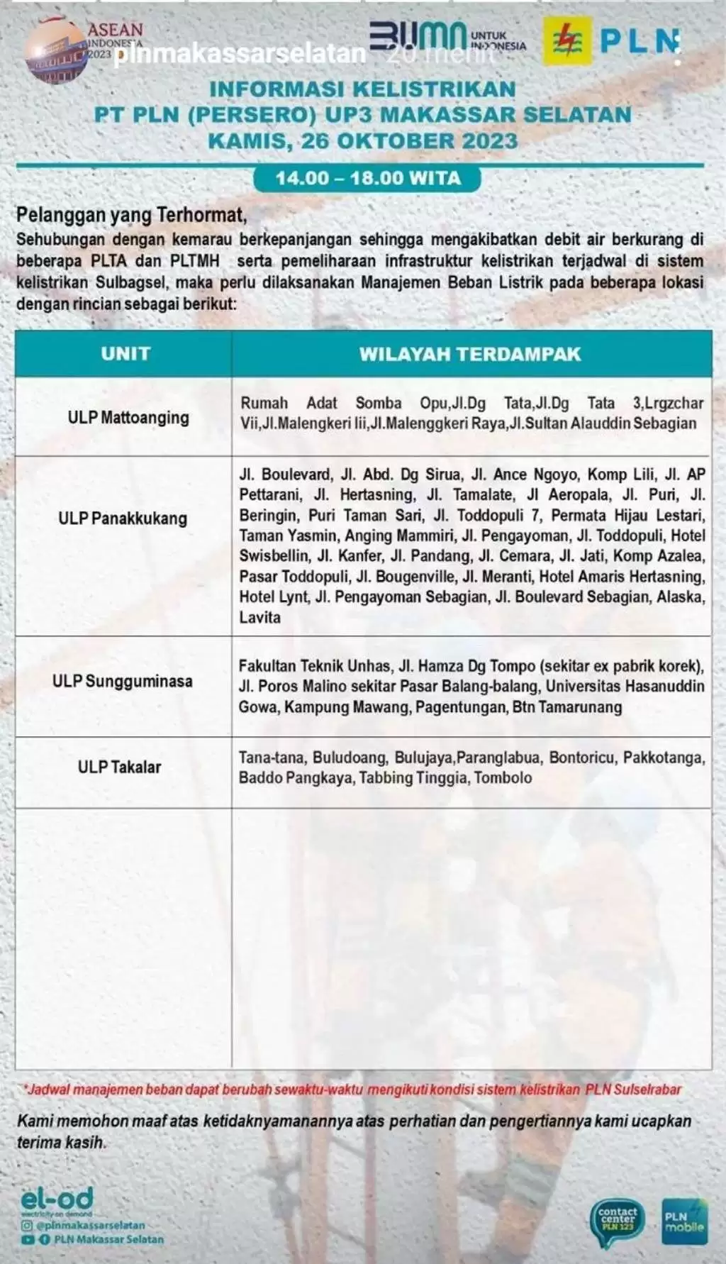 Jadwal Pemadaman Listrik di Makassar Hari Ini 26 Oktober, Berlangsung 4 Jam Tiap Wilayah