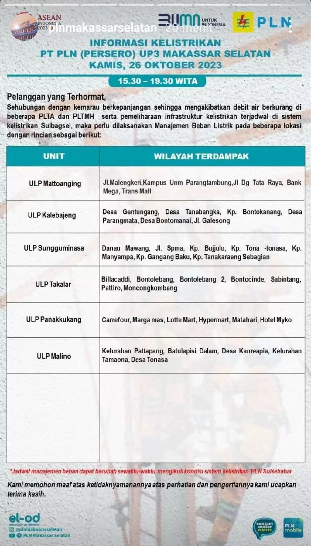 Jadwal Pemadaman Listrik di Makassar Hari Ini 26 Oktober, Berlangsung 4 Jam Tiap Wilayah