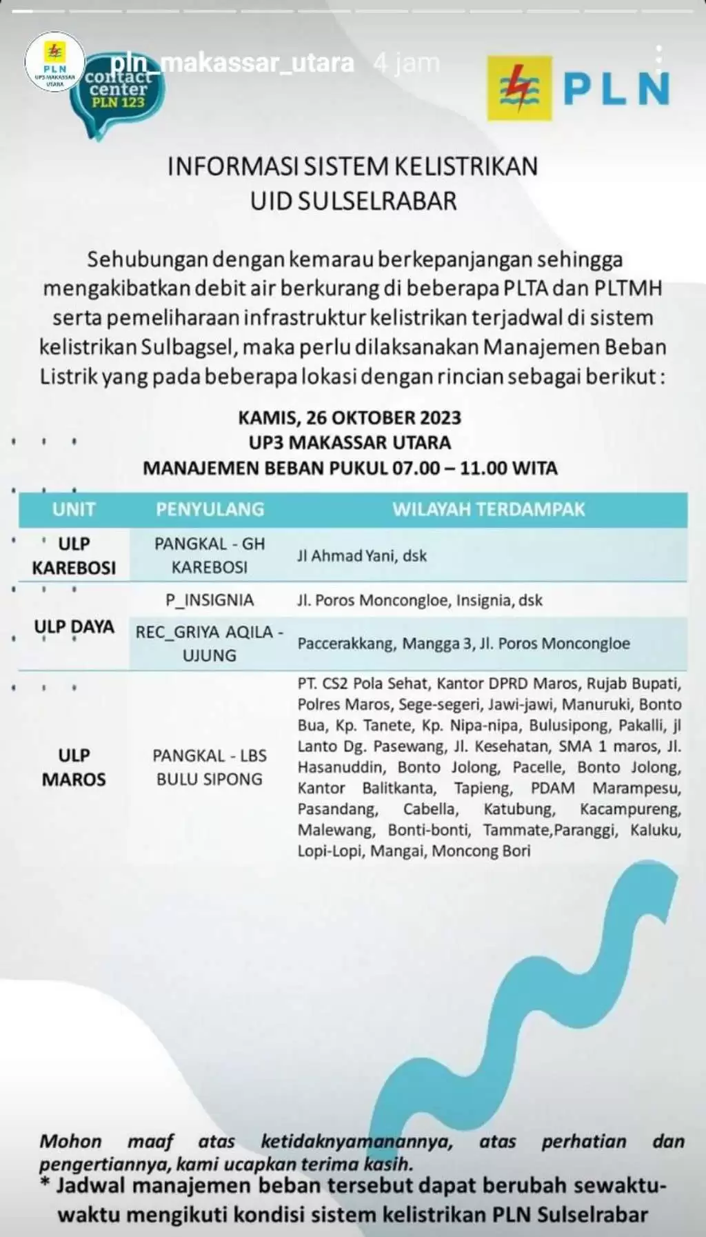 Jadwal Pemadaman Listrik di Makassar Hari Ini 26 Oktober, Berlangsung 4 Jam Tiap Wilayah