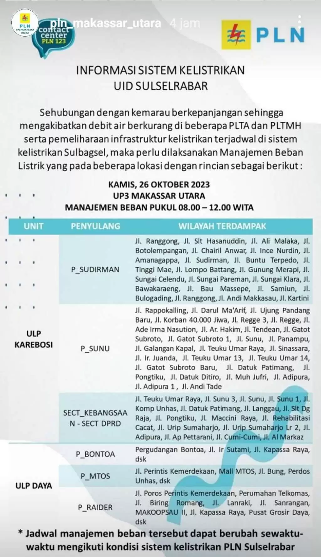 Jadwal Pemadaman Listrik di Makassar Hari Ini 26 Oktober, Berlangsung 4 Jam Tiap Wilayah