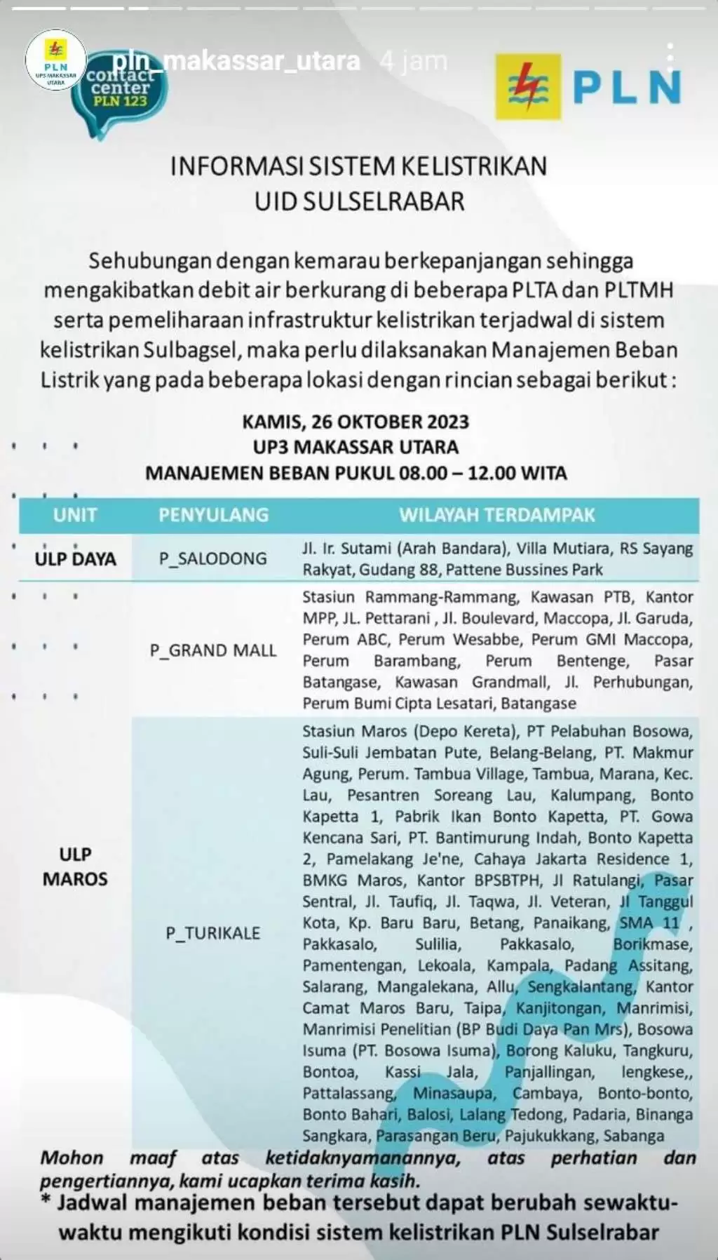 Jadwal Pemadaman Listrik di Makassar Hari Ini 26 Oktober, Berlangsung 4 Jam Tiap Wilayah