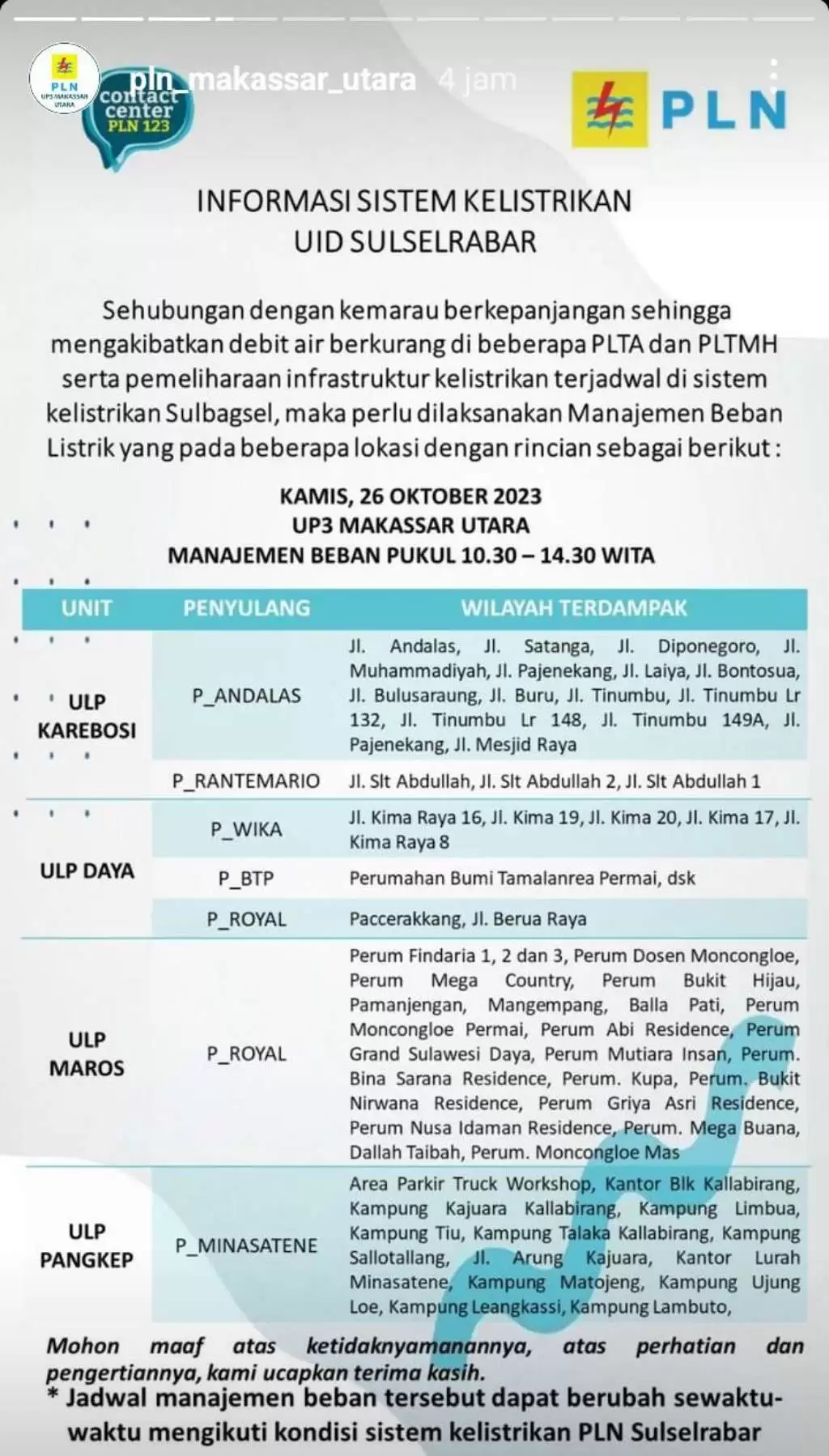 Jadwal Pemadaman Listrik di Makassar Hari Ini 26 Oktober, Berlangsung 4 Jam Tiap Wilayah