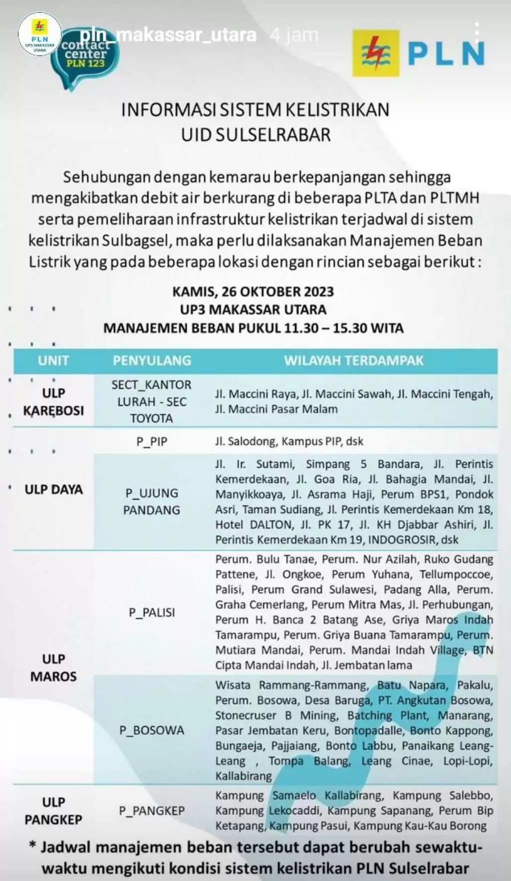 Jadwal Pemadaman Listrik di Makassar Hari Ini 26 Oktober, Berlangsung 4 Jam Tiap Wilayah