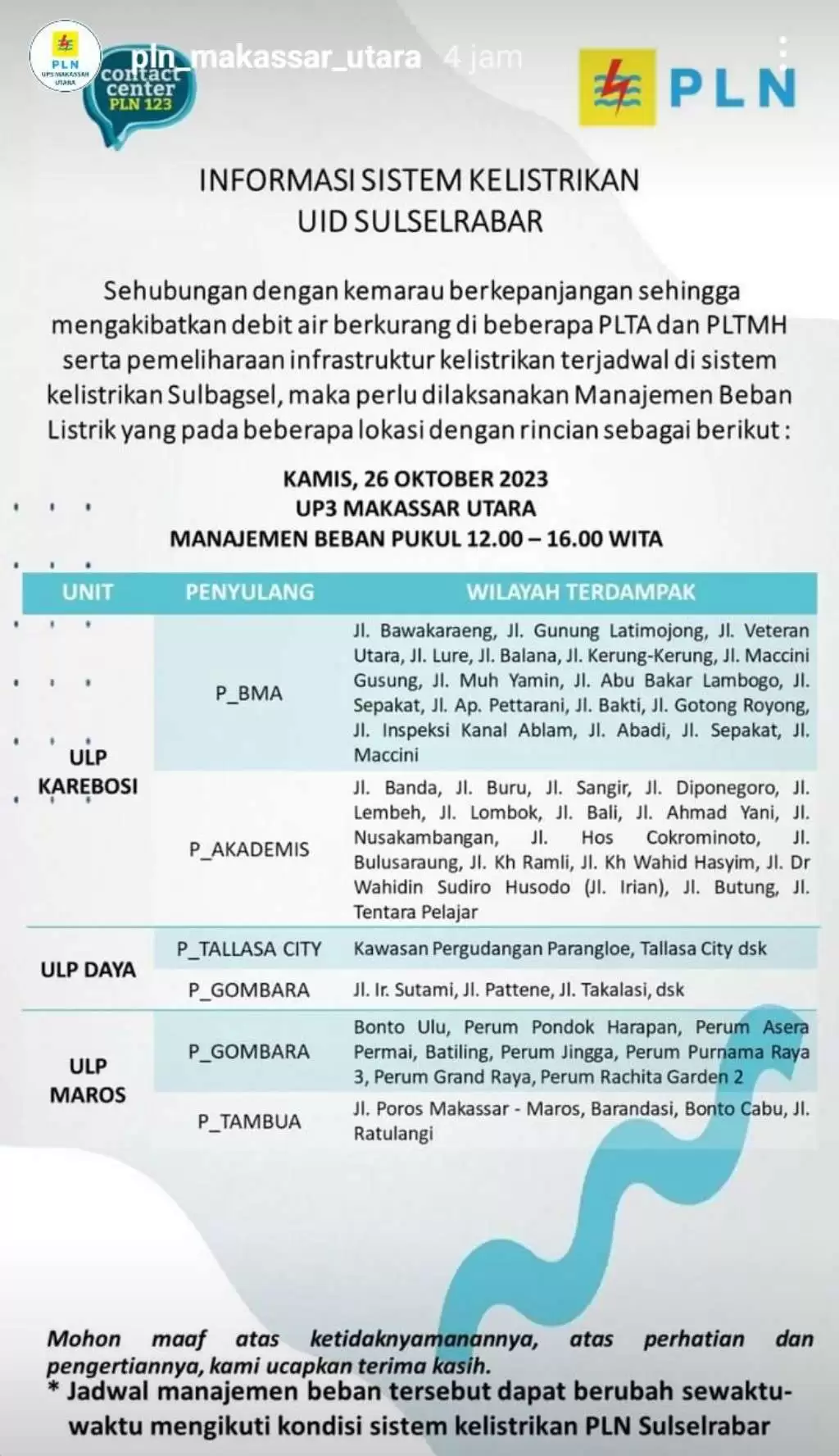 Jadwal Pemadaman Listrik di Makassar Hari Ini 26 Oktober, Berlangsung 4 Jam Tiap Wilayah
