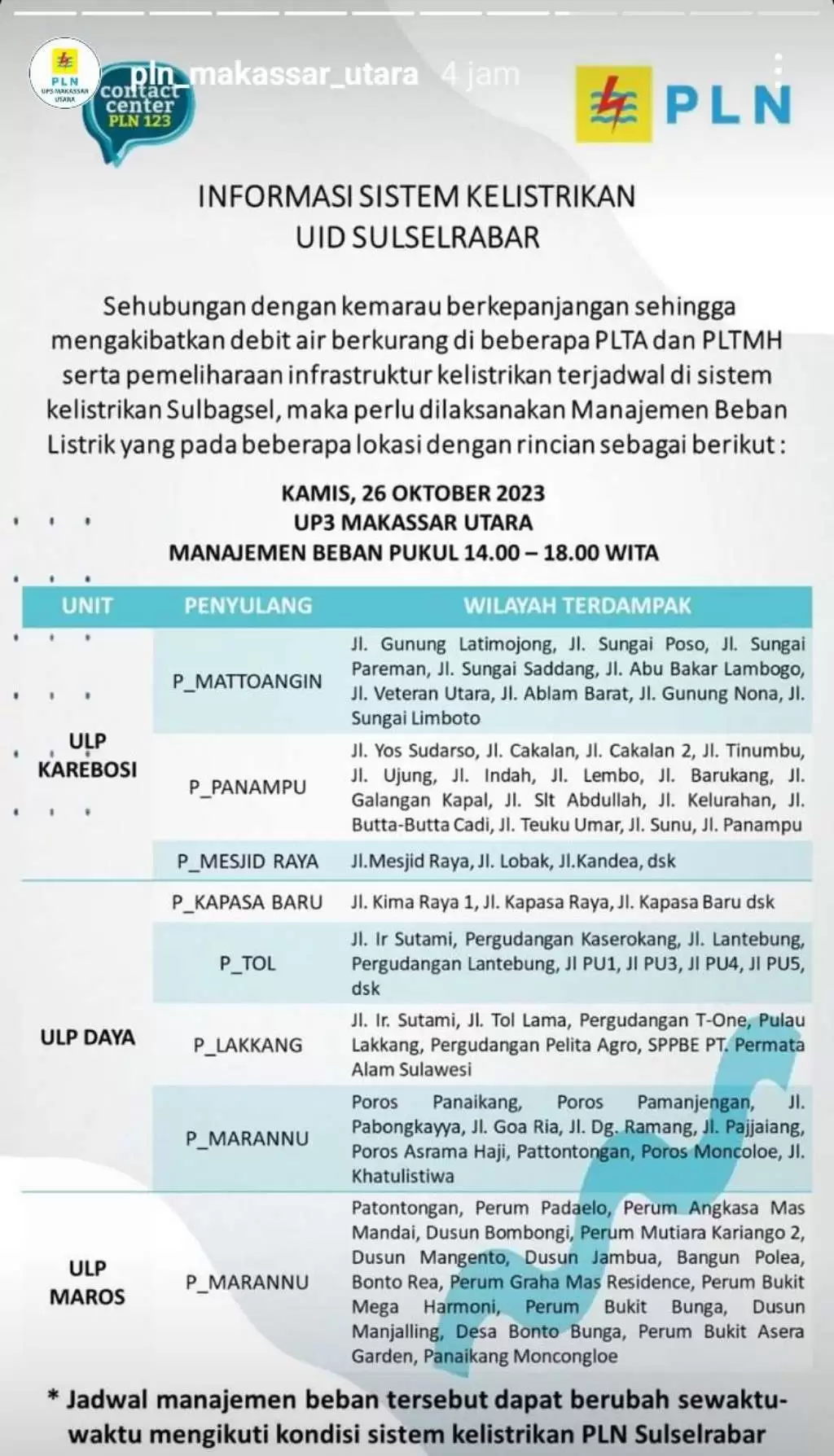 Jadwal Pemadaman Listrik di Makassar Hari Ini 26 Oktober, Berlangsung 4 Jam Tiap Wilayah