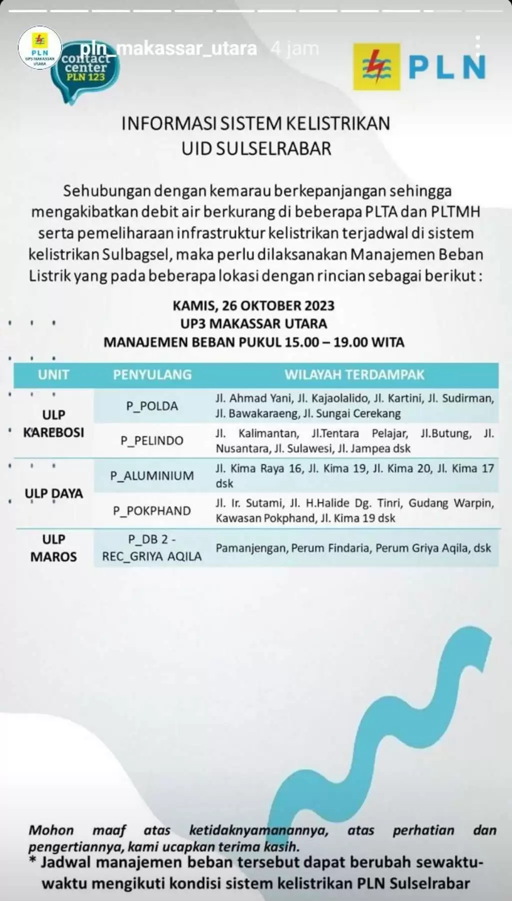 Jadwal Pemadaman Listrik di Makassar Hari Ini 26 Oktober, Berlangsung 4 Jam Tiap Wilayah