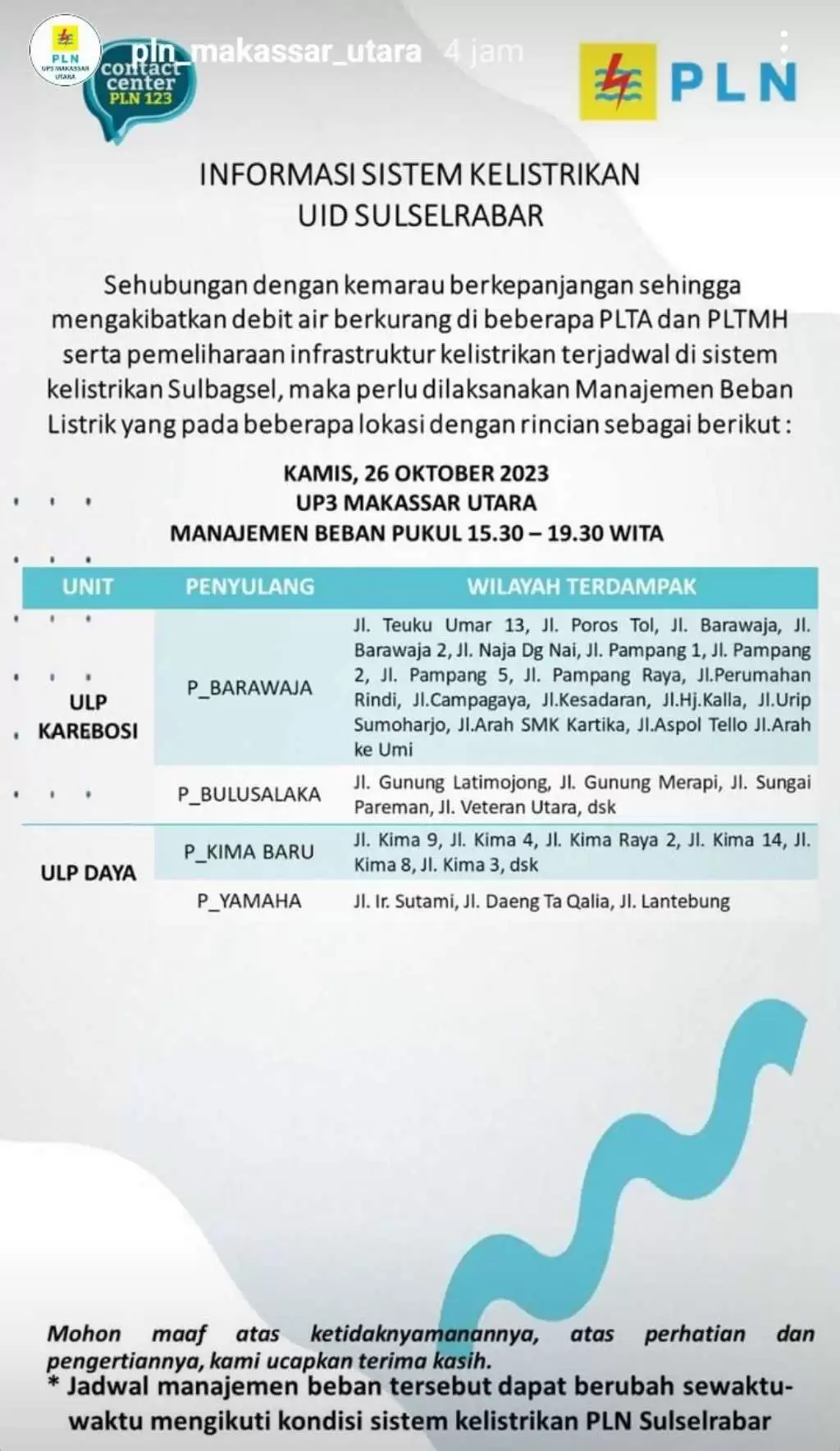 Jadwal Pemadaman Listrik di Makassar Hari Ini 26 Oktober, Berlangsung 4 Jam Tiap Wilayah