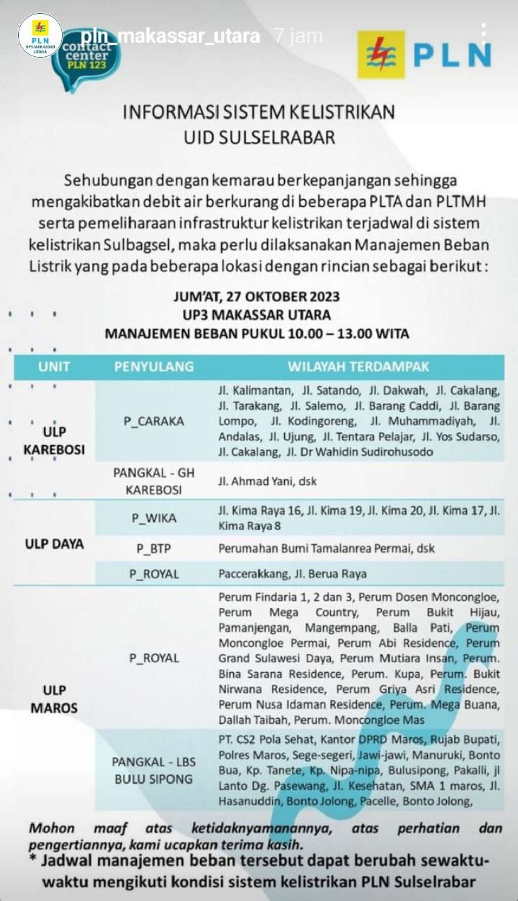 Jadwal Pemadaman Listrik di Makassar Hari Ini 27 Oktober, Hanya Berlangsung Hingga Maghrib