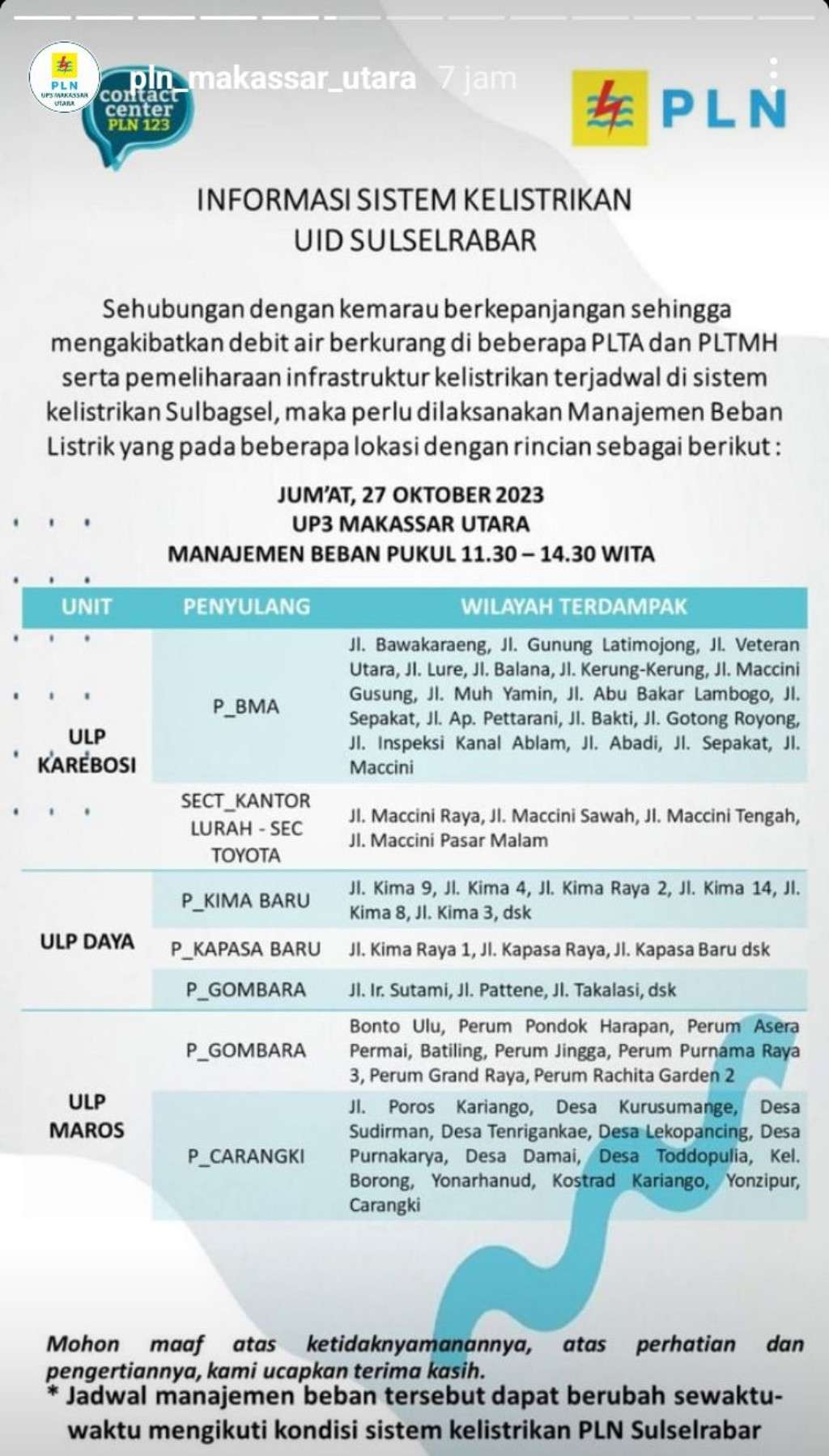 Jadwal Pemadaman Listrik di Makassar Hari Ini 27 Oktober, Hanya Berlangsung Hingga Maghrib
