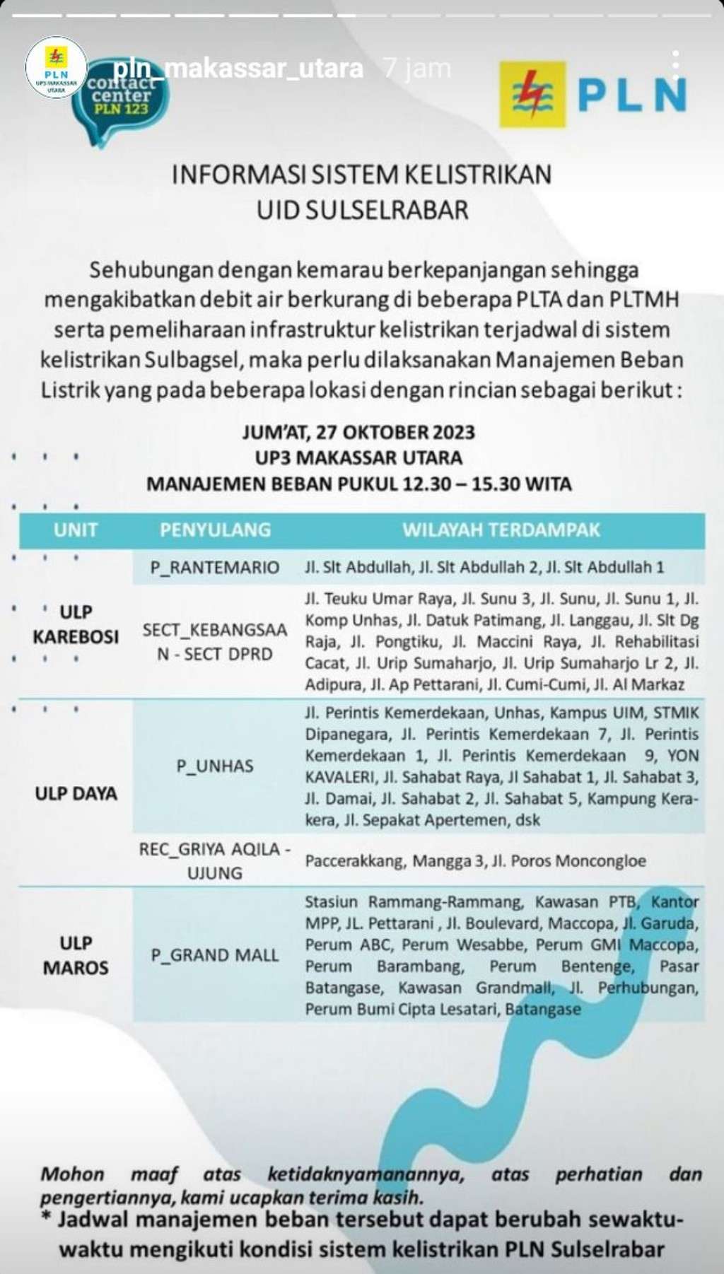 Jadwal Pemadaman Listrik di Makassar Hari Ini 27 Oktober, Hanya Berlangsung Hingga Maghrib