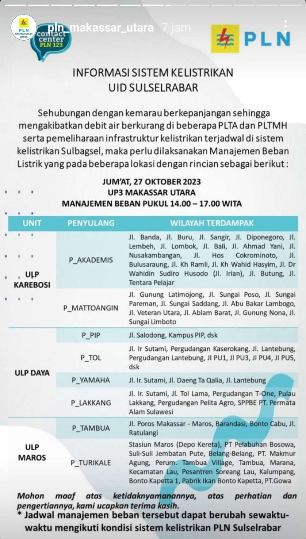 Jadwal Pemadaman Listrik di Makassar Hari Ini 27 Oktober, Hanya Berlangsung Hingga Maghrib