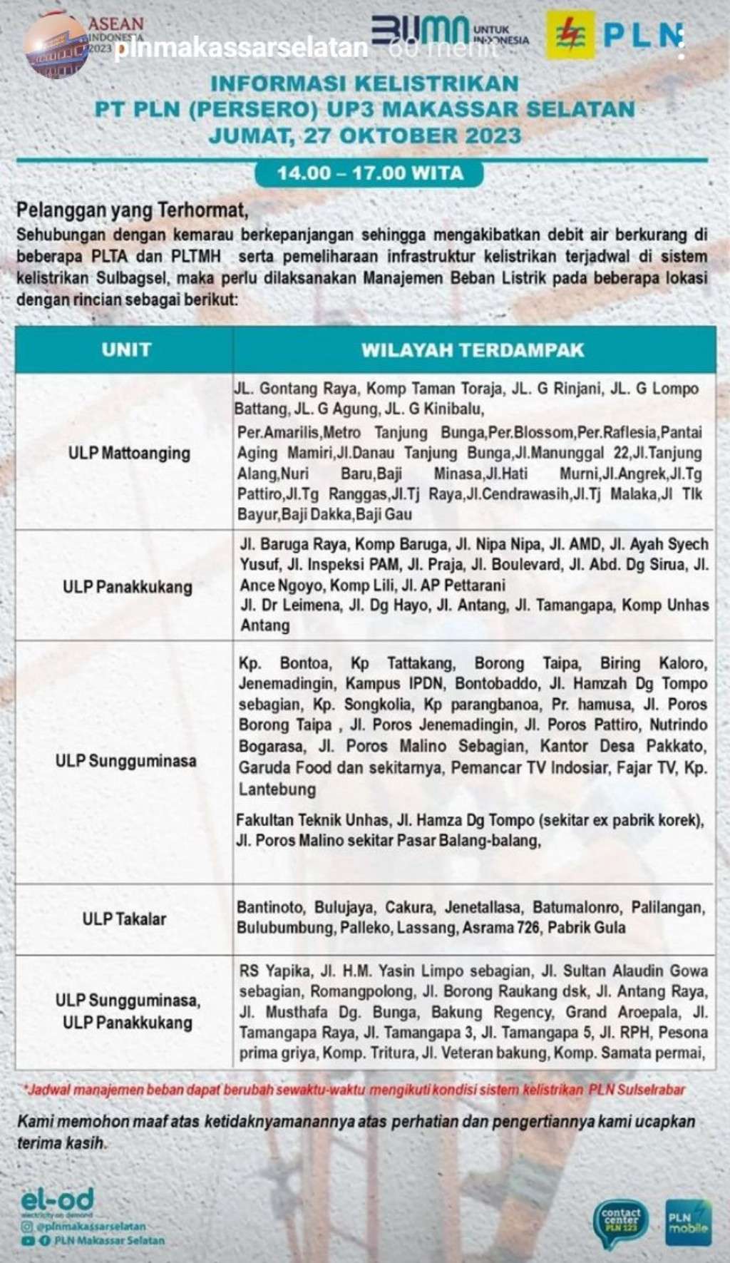 Jadwal Pemadaman Listrik di Makassar Hari Ini 27 Oktober, Hanya Berlangsung Hingga Maghrib