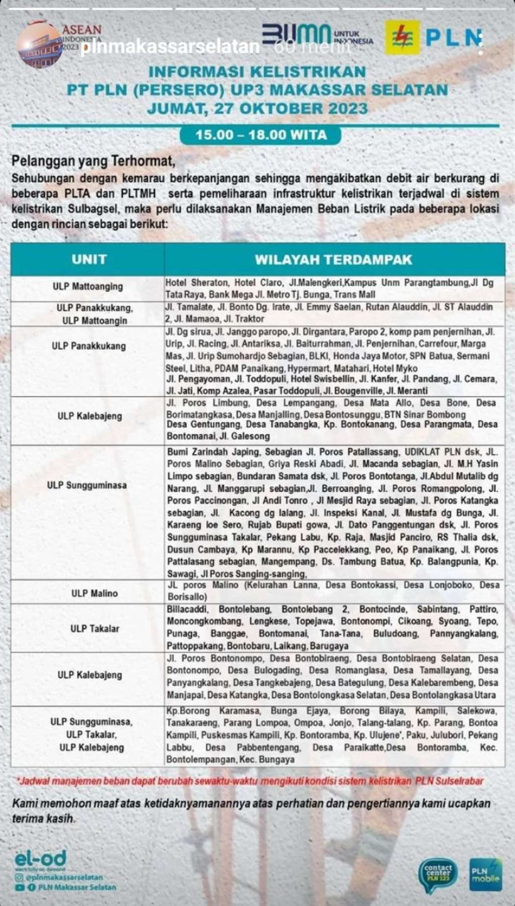 Jadwal Pemadaman Listrik di Makassar Hari Ini 27 Oktober, Hanya Berlangsung Hingga Maghrib