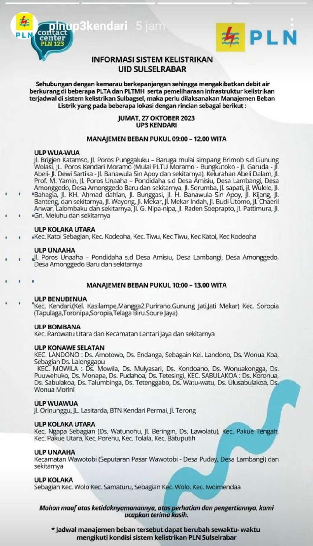 Berlangsung 9 Jam, Berikut Jadwal Pemadaman Listrik di Kendari Hari Ini 27 Oktober