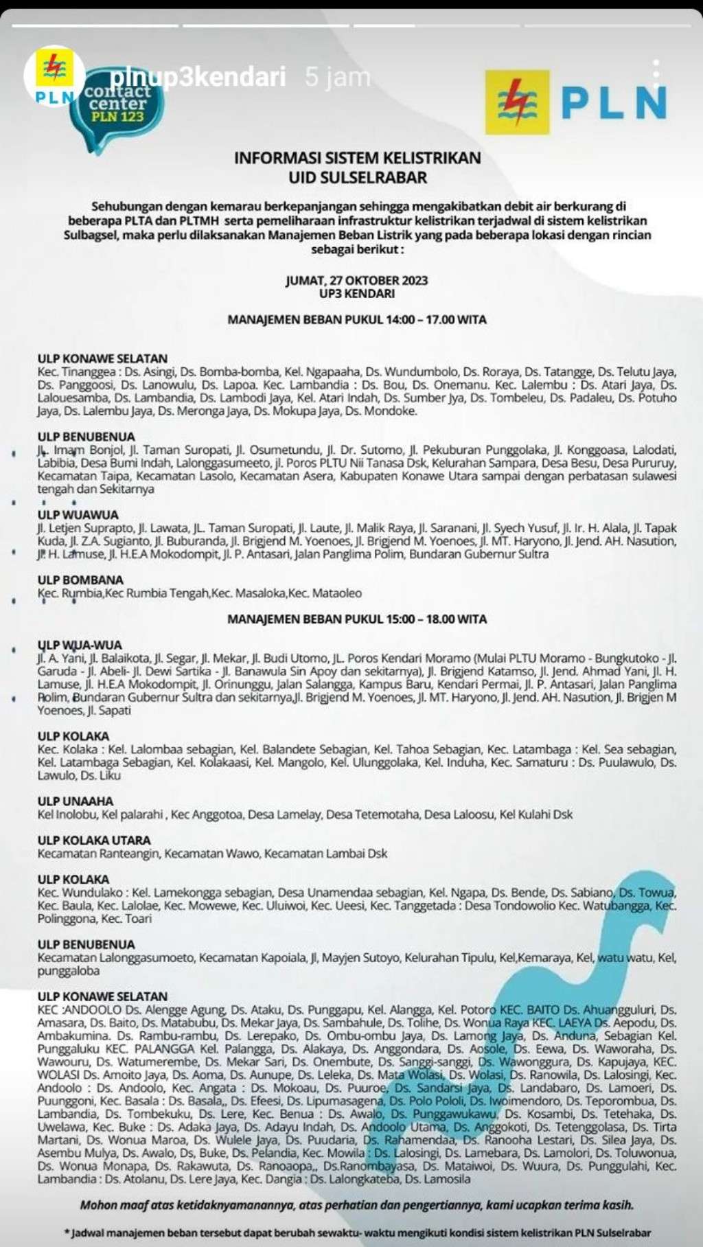 Berlangsung 9 Jam, Berikut Jadwal Pemadaman Listrik di Kendari Hari Ini 27 Oktober