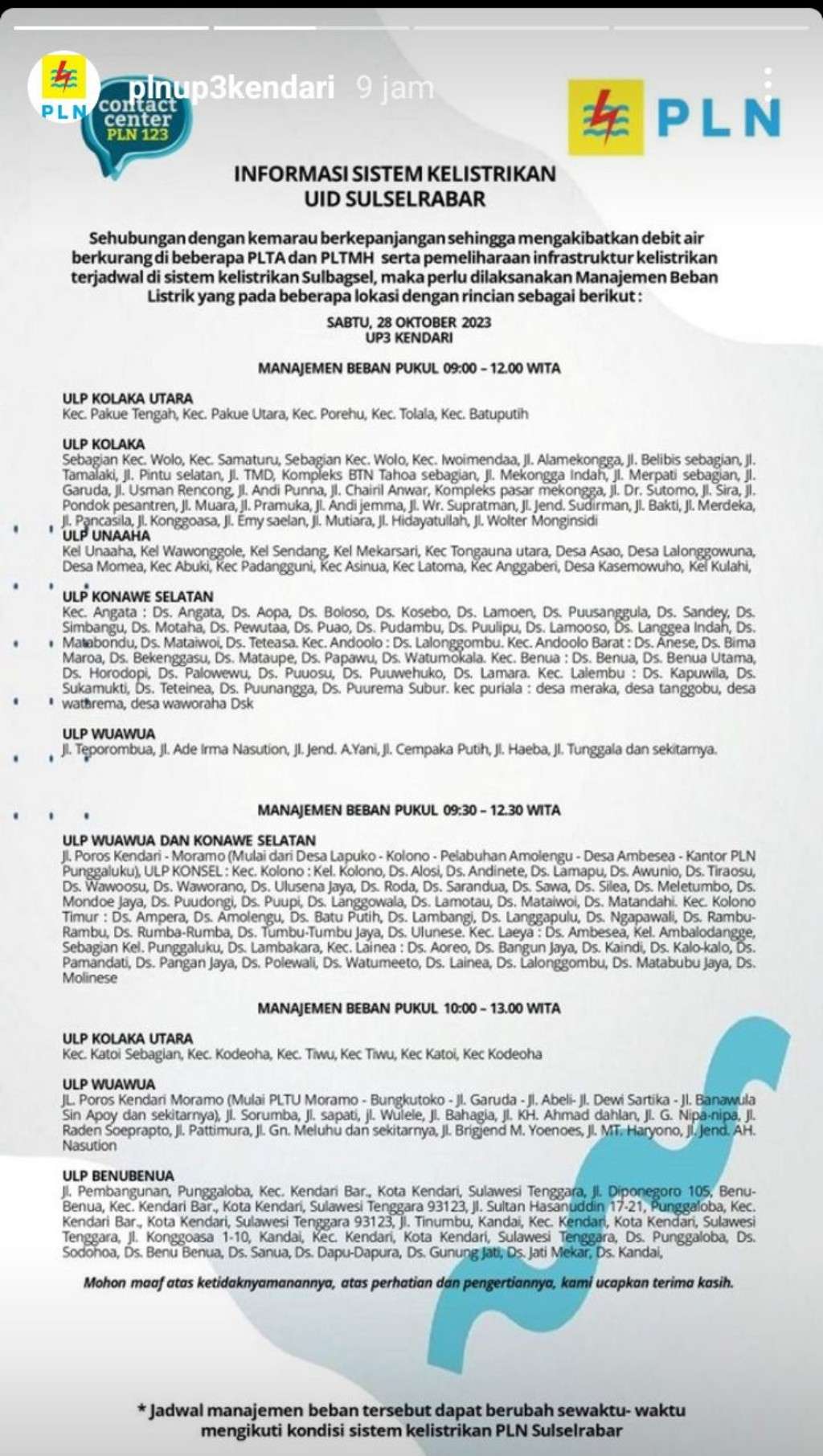 Jadwal Pemadaman Listrik di Kendari Hari Ini 28 Oktober, Berlangsung Hingga Maghrib