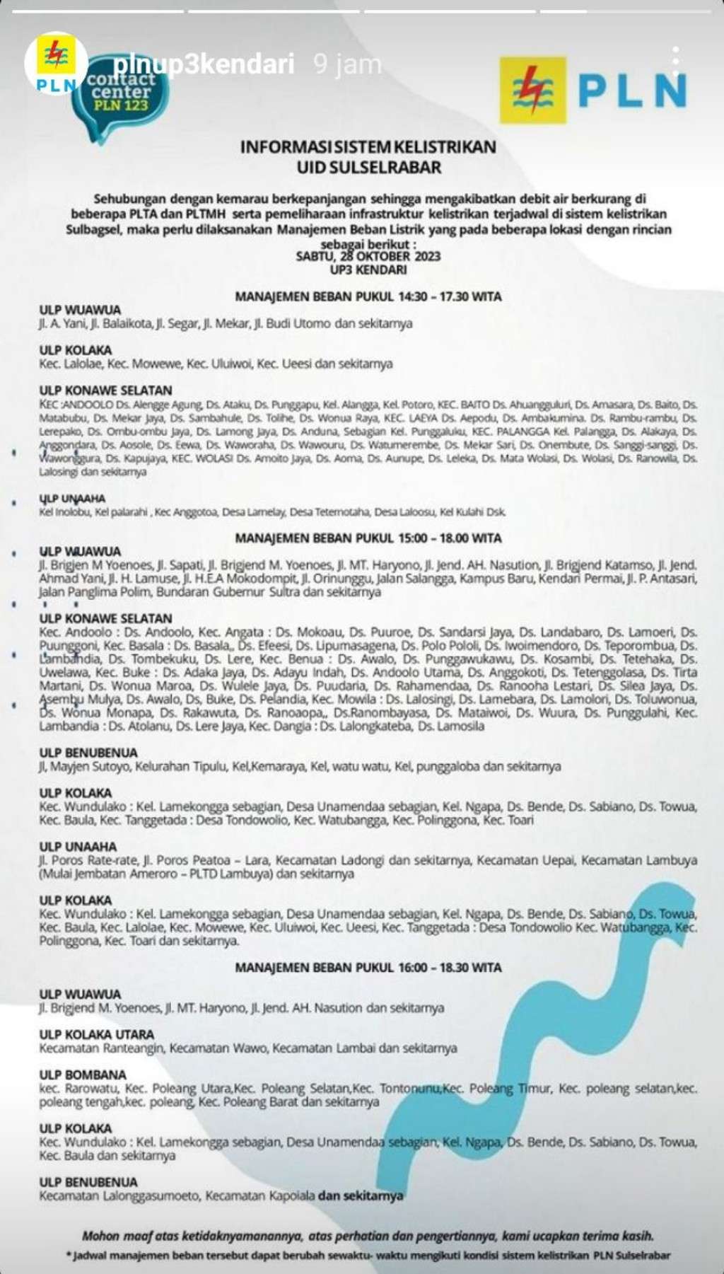 Jadwal Pemadaman Listrik di Kendari Hari Ini 28 Oktober, Berlangsung Hingga Maghrib