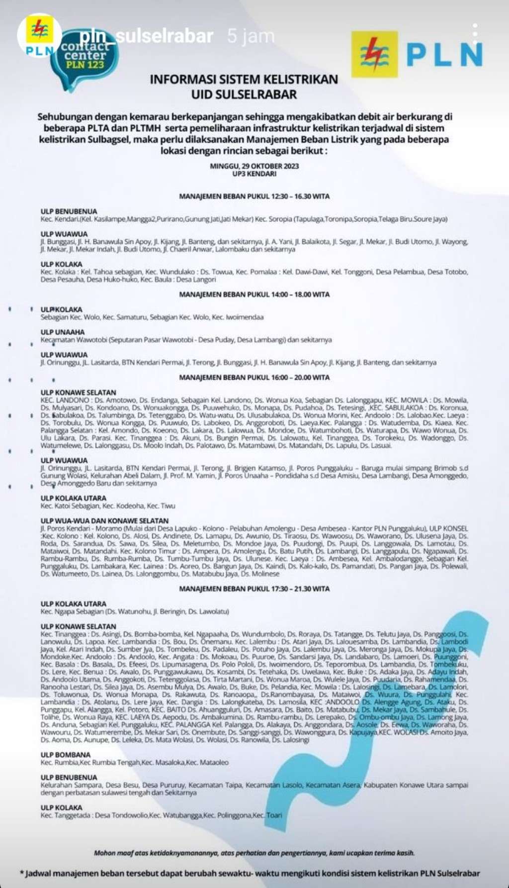 Jadwal Pemadaman Listrik di Kendari Hari Ini 29 Oktober 2023, Berlangsung 17 Jam