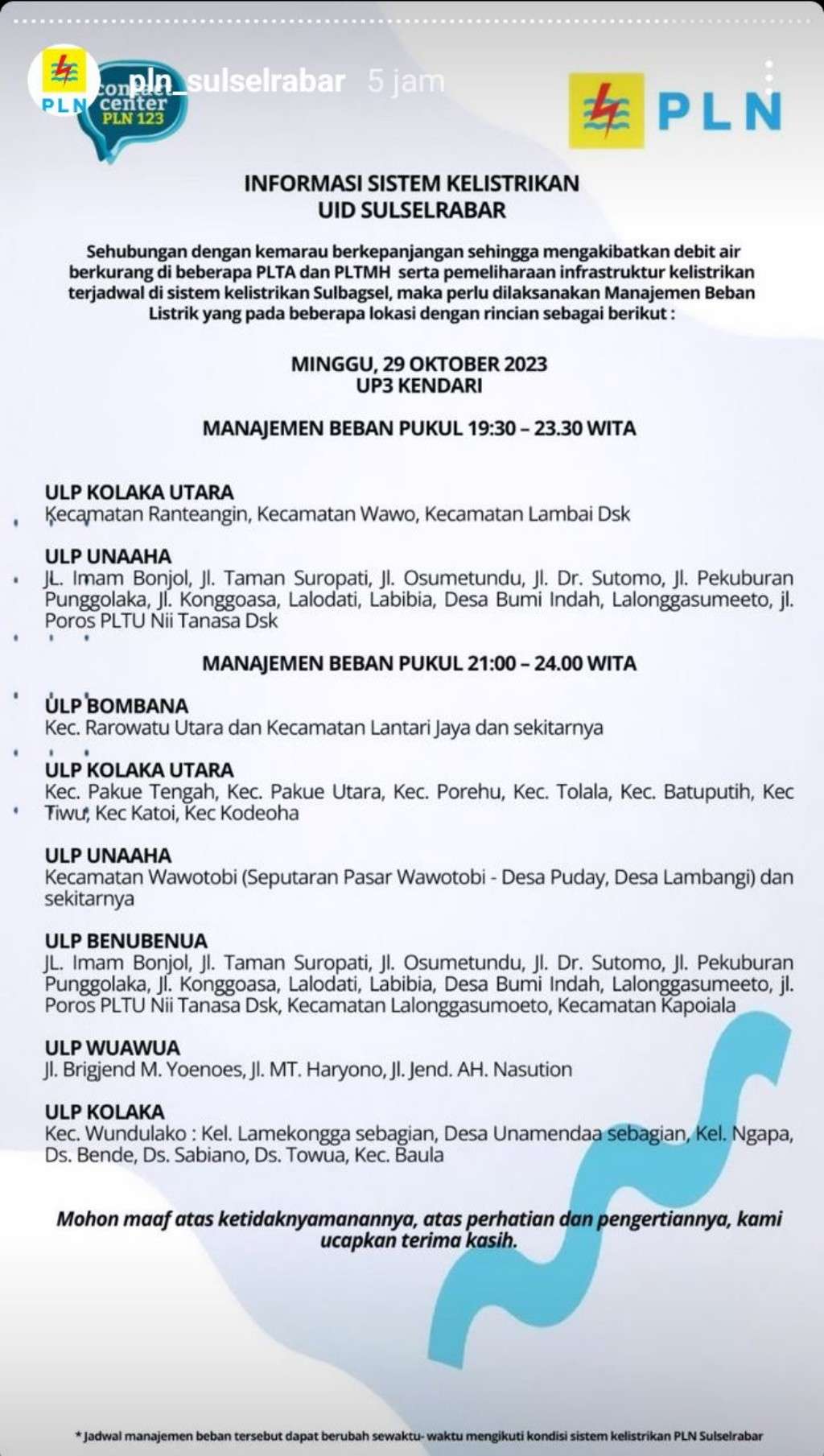 Jadwal Pemadaman Listrik di Kendari Hari Ini 29 Oktober 2023, Berlangsung 17 Jam