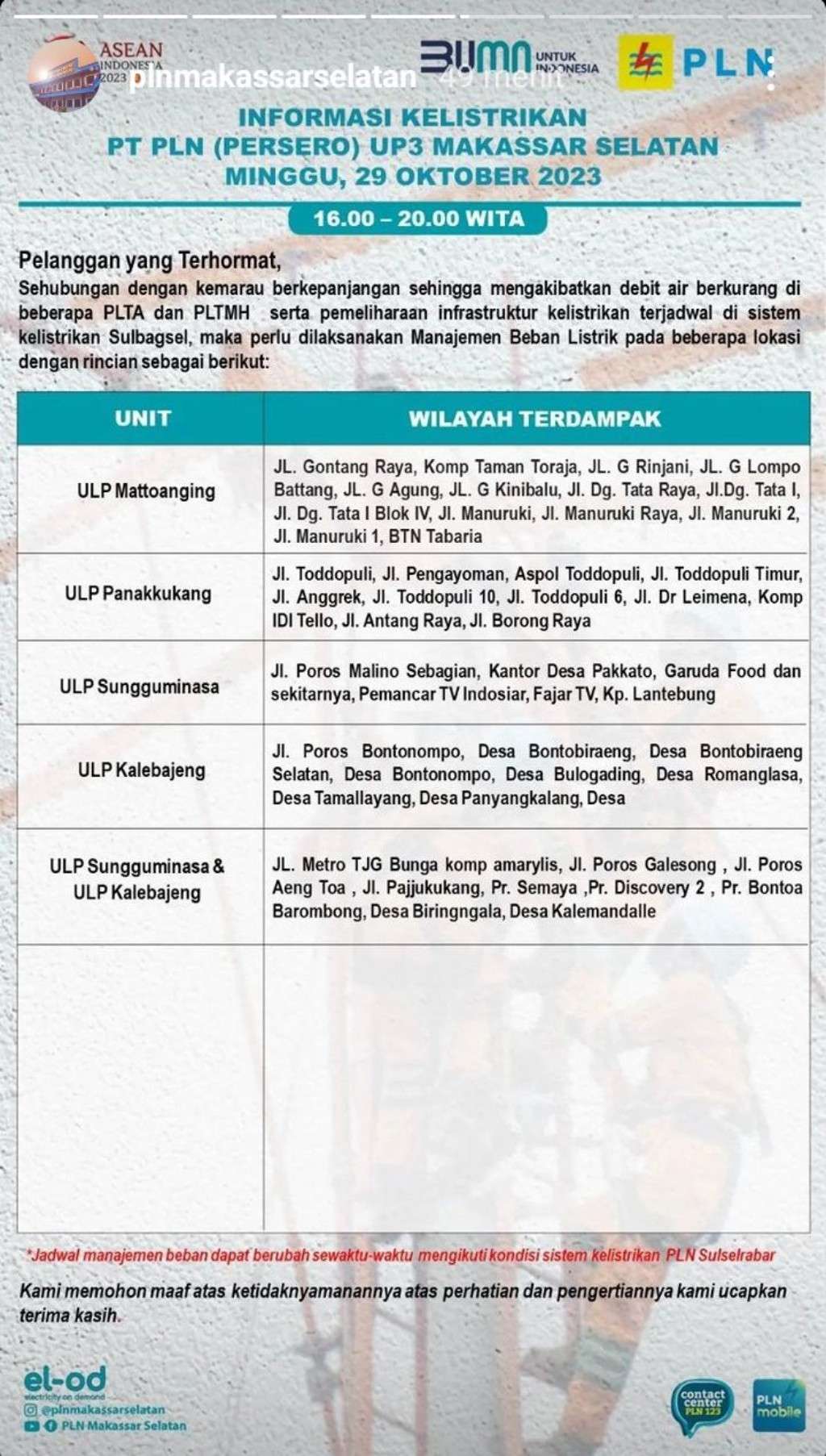 Jadwal Pemadaman Listrik di Makassar Hari Ini, 29 Oktober 2023