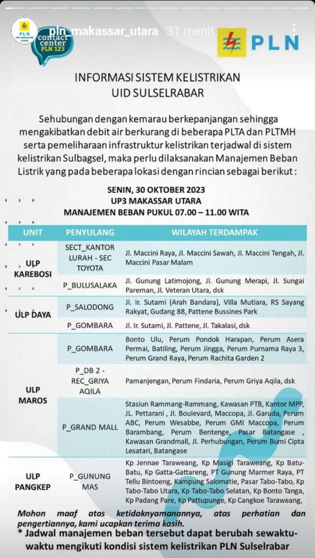 Jadwal Pemadaman Listrik di Makassar Hari Ini, 30 Oktober 2023