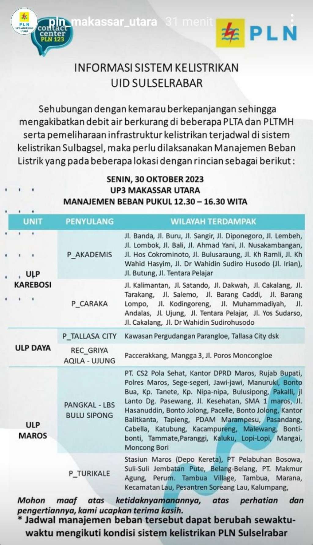 Jadwal Pemadaman Listrik di Makassar Hari Ini, 30 Oktober 2023