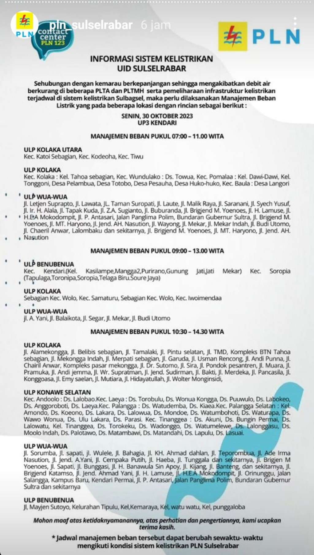 Siap-Siap, Pemadaman Listrik di Kendari Hari Ini 30 Oktober Sampai Jam 12 Malam
