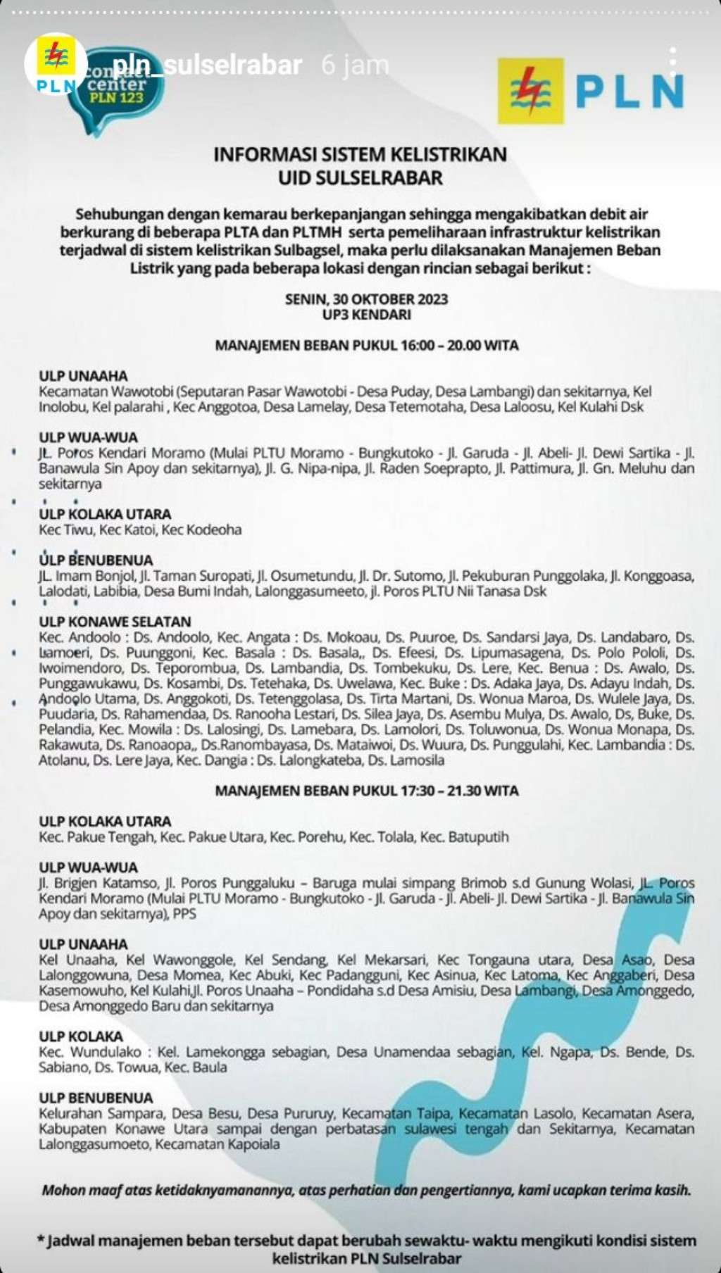 Siap-Siap, Pemadaman Listrik di Kendari Hari Ini 30 Oktober Sampai Jam 12 Malam