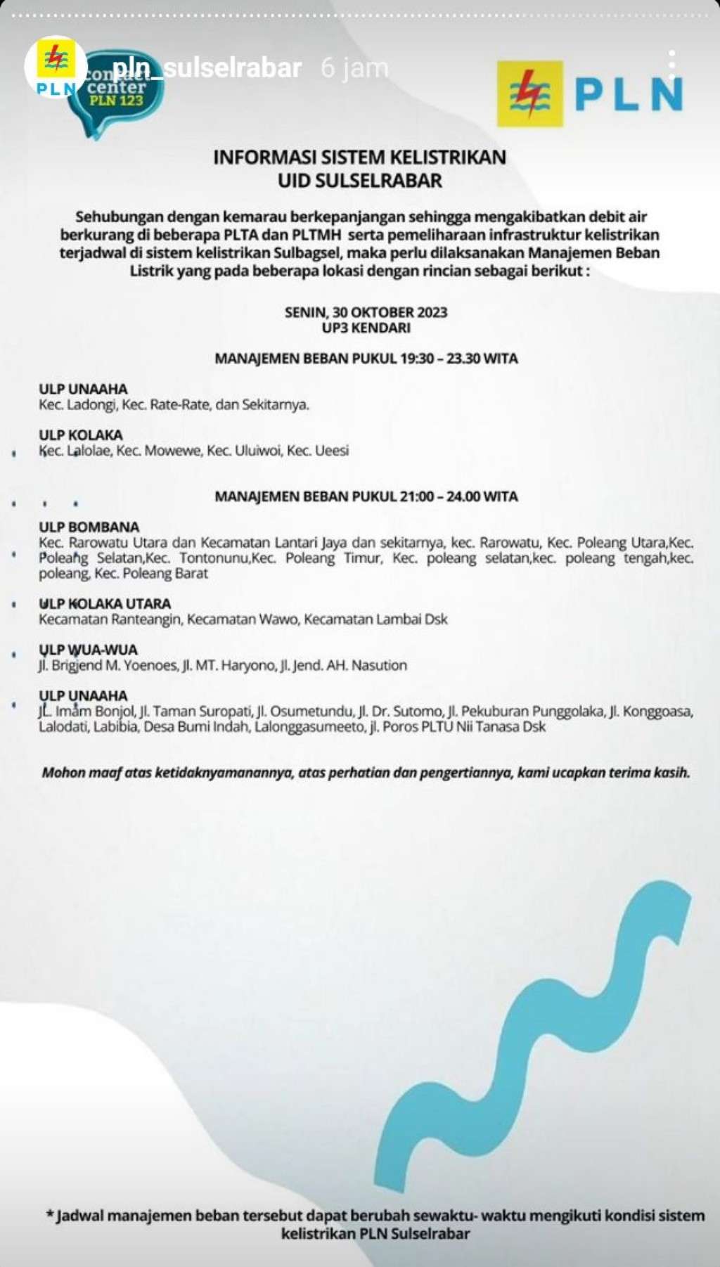 Siap-Siap, Pemadaman Listrik di Kendari Hari Ini 30 Oktober Sampai Jam 12 Malam