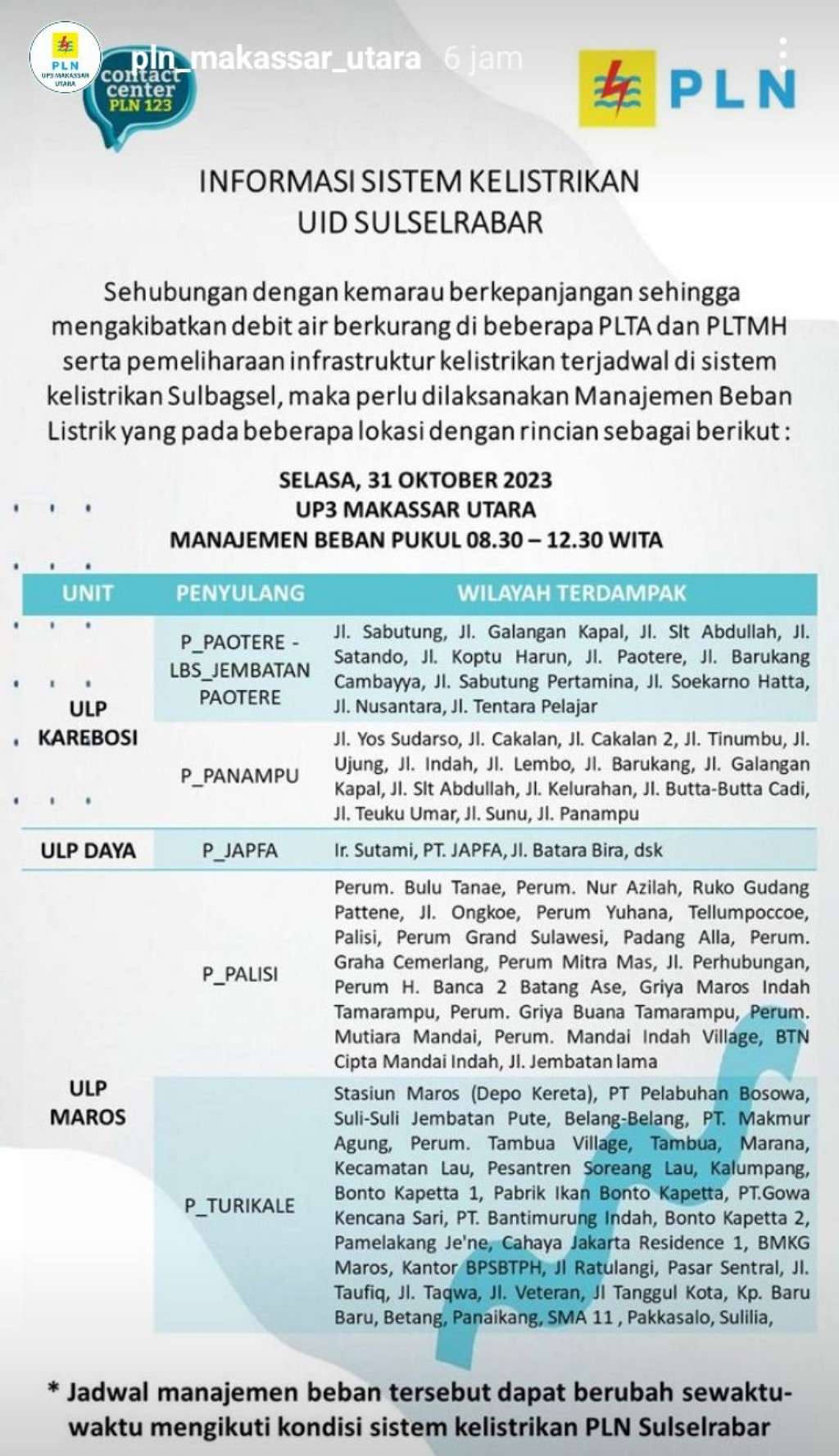 Jadwal Pemadaman Listrik di Makassar Hari Ini, 31 Oktober 2023