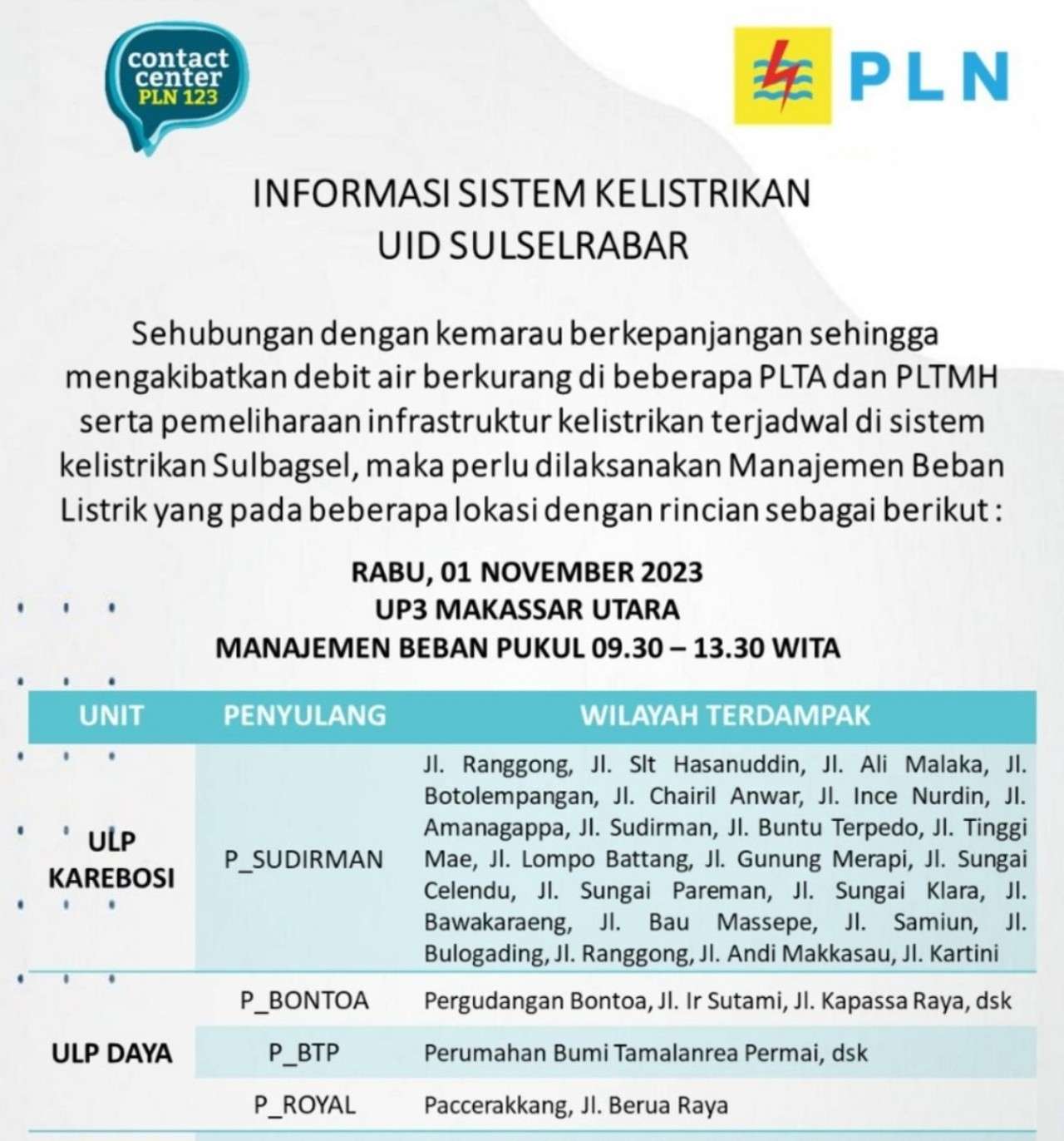 Siap-siap! Ratusan Wilayah Makassar Masih Terkena Pemadaman Listrik Hari Ini Rabu 1 November 2023