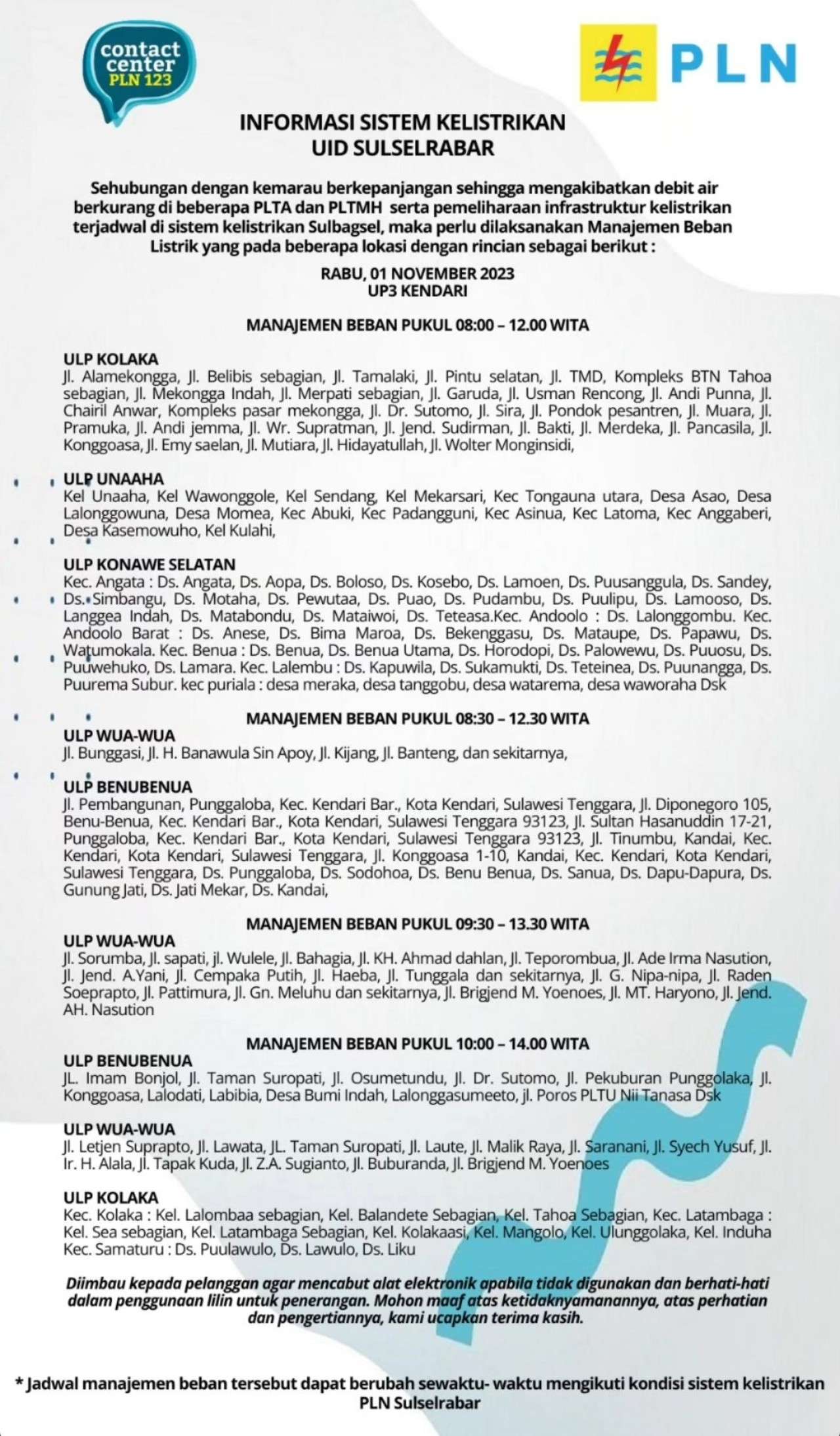 Ratusan Wilayah Kendari dan Sekitarnya yang Alami Pemadaman Listrik Hari Ini Rabu 1 November 2023