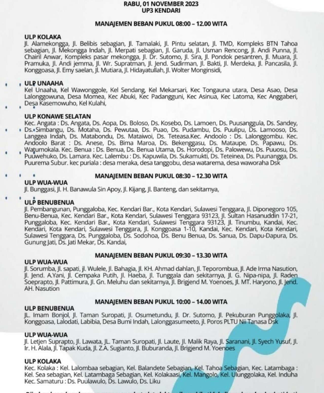Ratusan Wilayah Kendari dan Sekitarnya yang Alami Pemadaman Listrik Hari Ini Rabu 1 November 2023