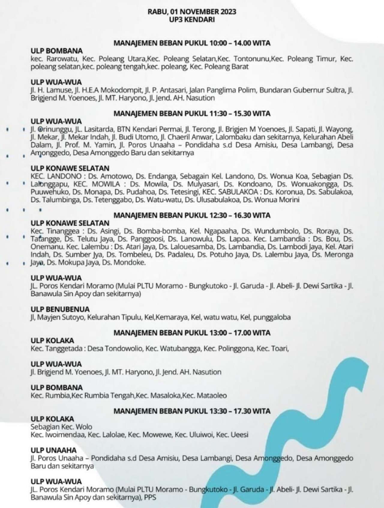 Ratusan Wilayah Kendari dan Sekitarnya yang Alami Pemadaman Listrik Hari Ini Rabu 1 November 2023