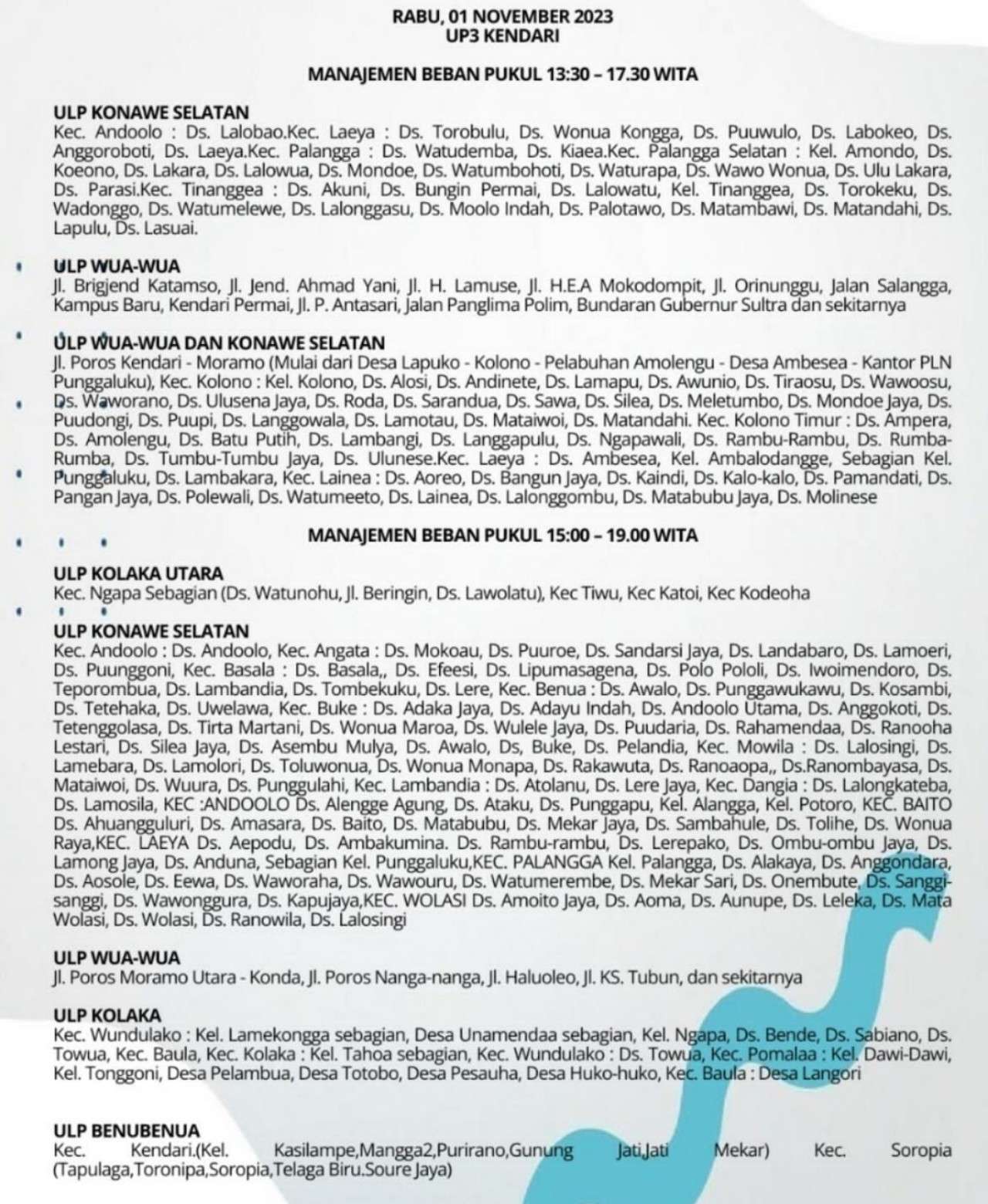 Ratusan Wilayah Kendari dan Sekitarnya yang Alami Pemadaman Listrik Hari Ini Rabu 1 November 2023