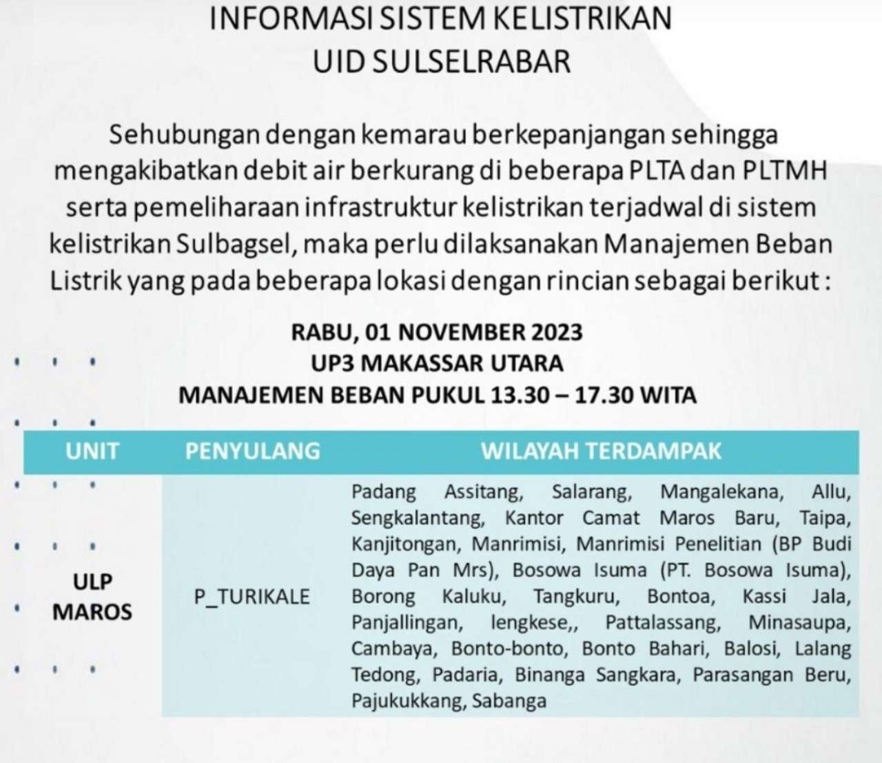 Jadwal Pemadaman Listrik Maros dan Pangkep 1 November 2023 Siang Hingga Siang