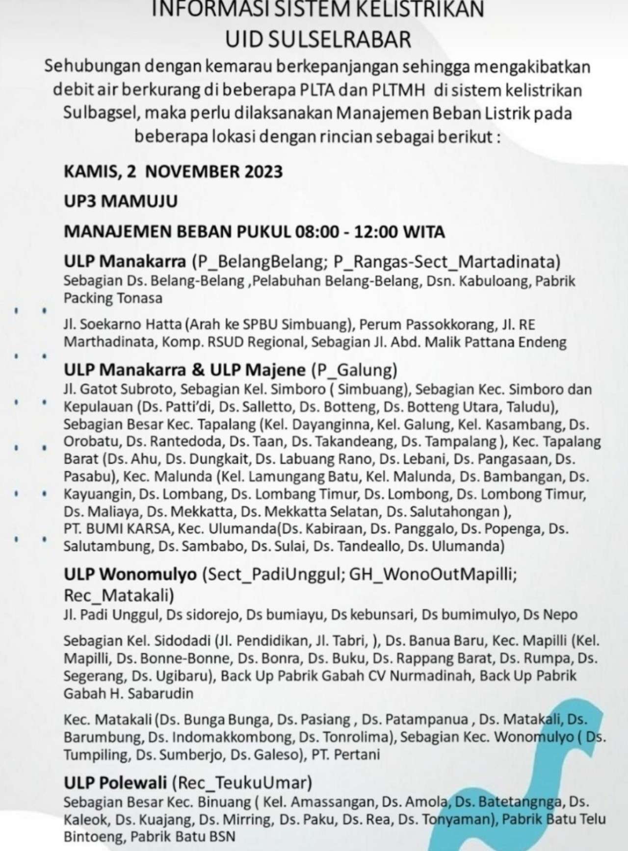 Siap-siap! Hari Ini 2 November 2023 Sejumlah Wilayah di Mamuju dan Sekitarnya Mati Lampu