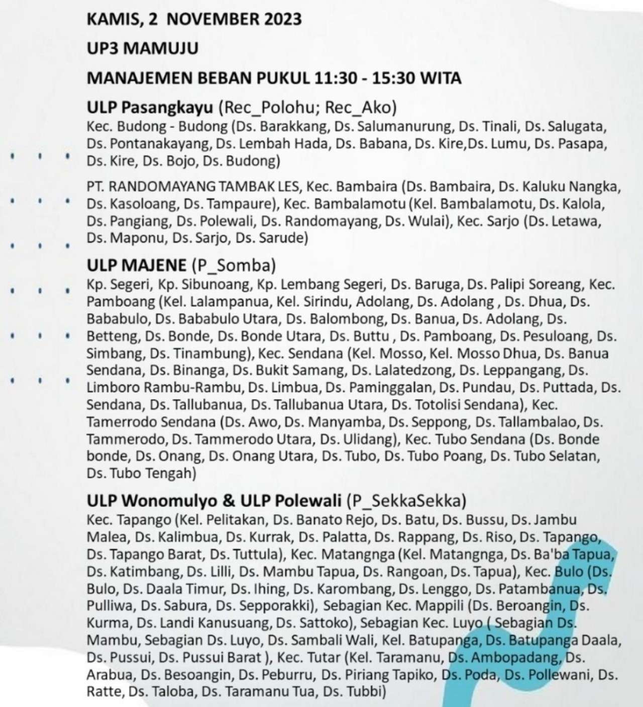 Siap-siap! Hari Ini 2 November 2023 Sejumlah Wilayah di Mamuju dan Sekitarnya Mati Lampu