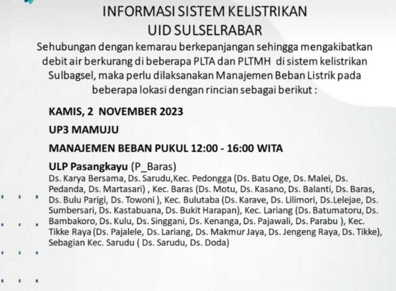 Siap-siap! Hari Ini 2 November 2023 Sejumlah Wilayah di Mamuju dan Sekitarnya Mati Lampu