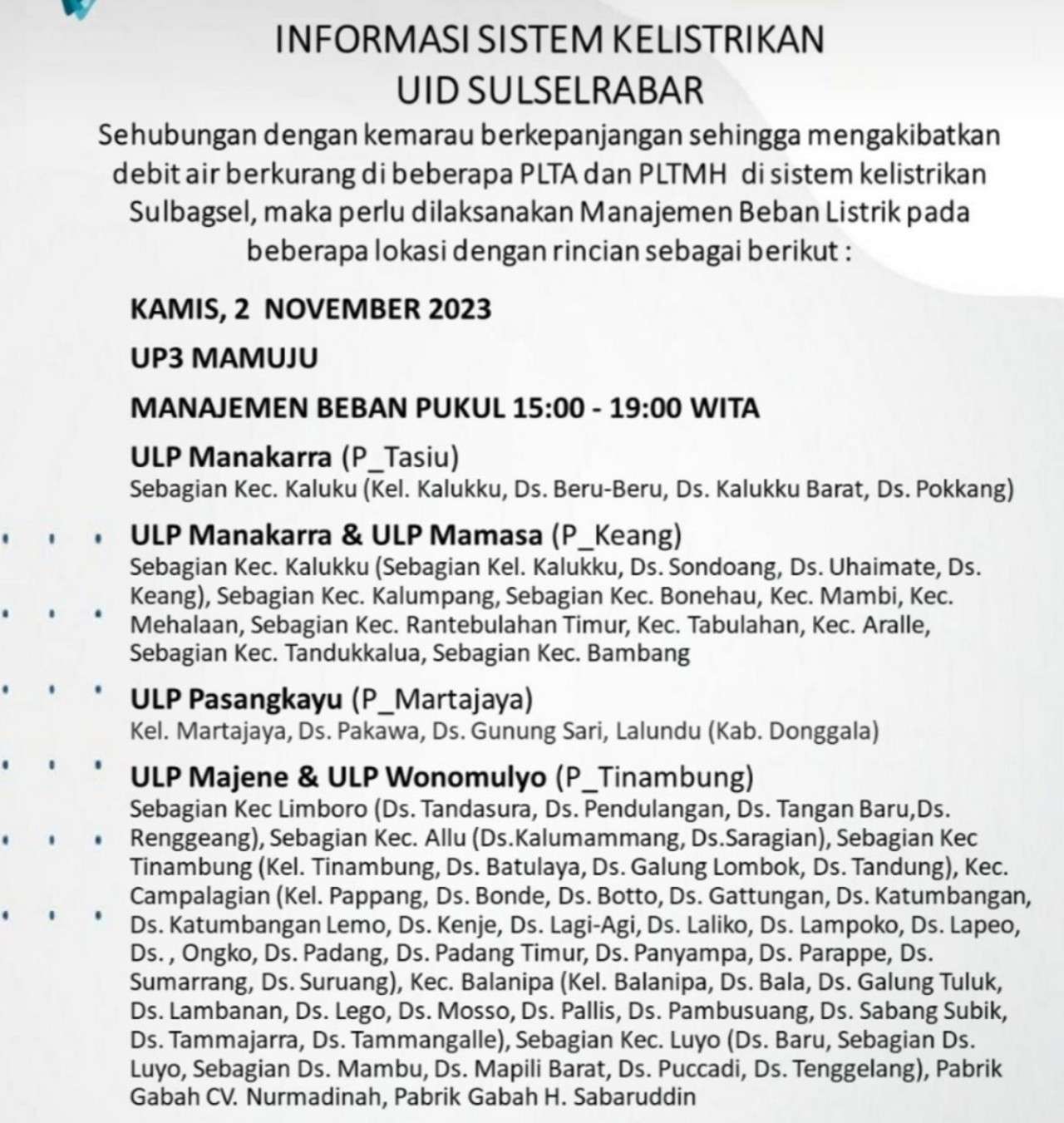 Siap-siap! Hari Ini 2 November 2023 Sejumlah Wilayah di Mamuju dan Sekitarnya Mati Lampu