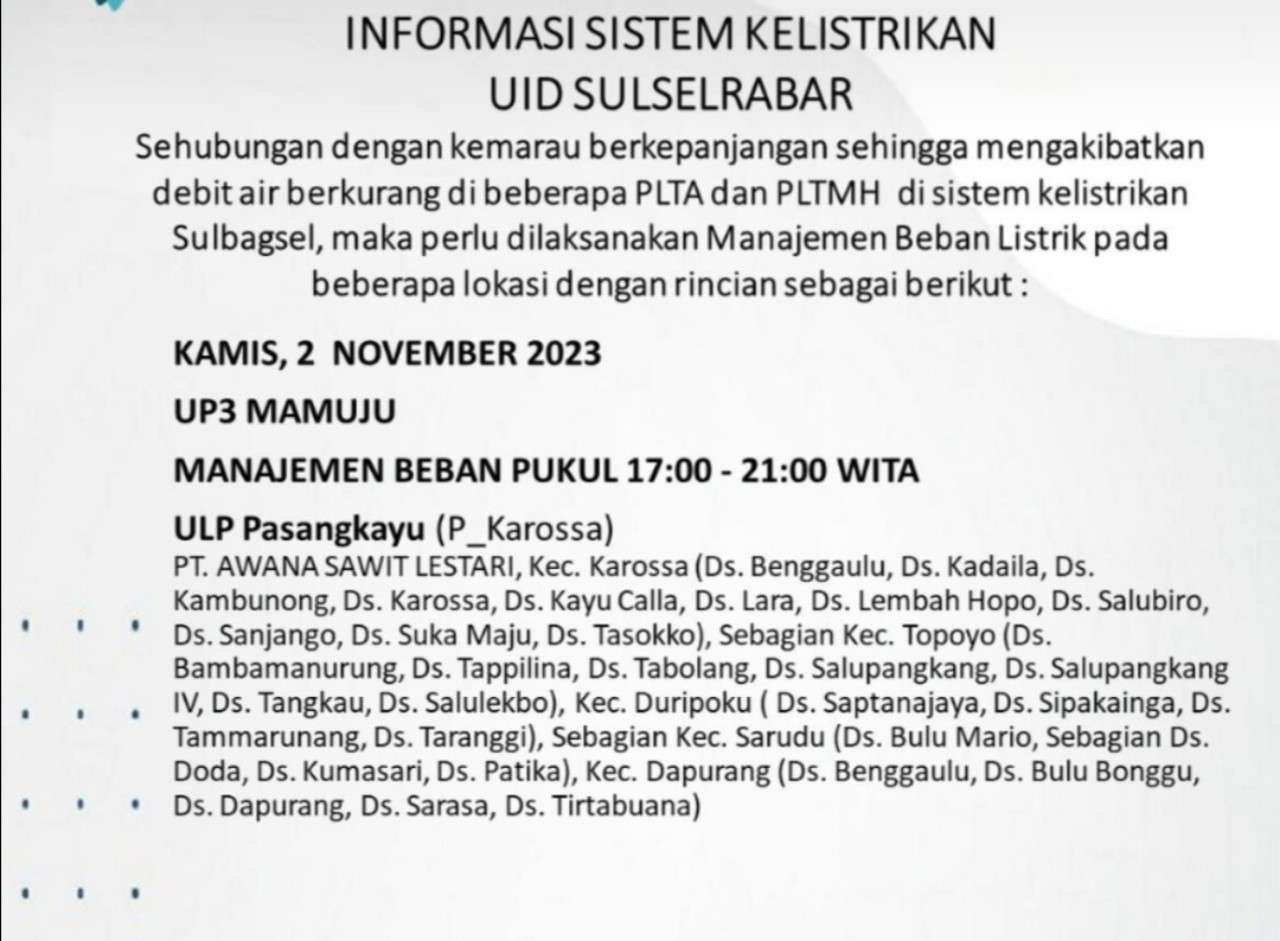 Siap-siap! Hari Ini 2 November 2023 Sejumlah Wilayah di Mamuju dan Sekitarnya Mati Lampu