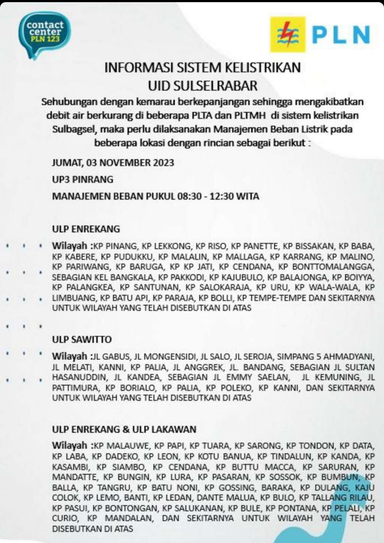 PLN Masih Lakukan Pemadaman Listrik di Pinrang dan Enrekang Hari Ini Sampai Malam