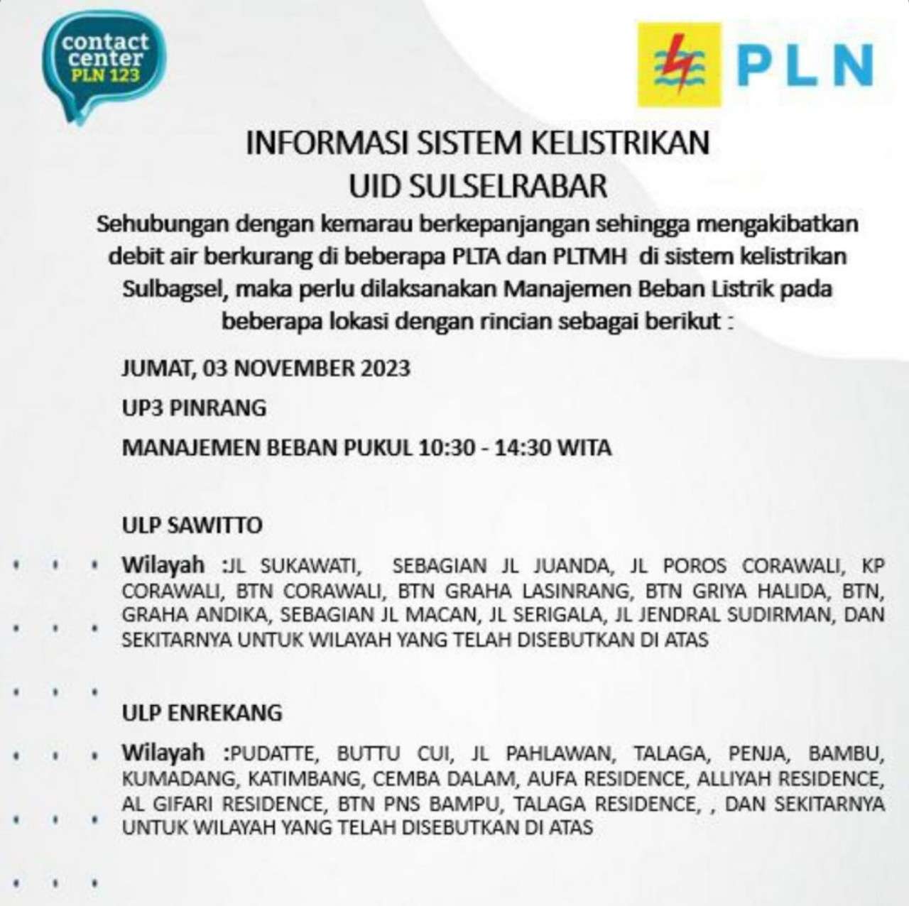 PLN Masih Lakukan Pemadaman Listrik di Pinrang dan Enrekang Hari Ini Sampai Malam