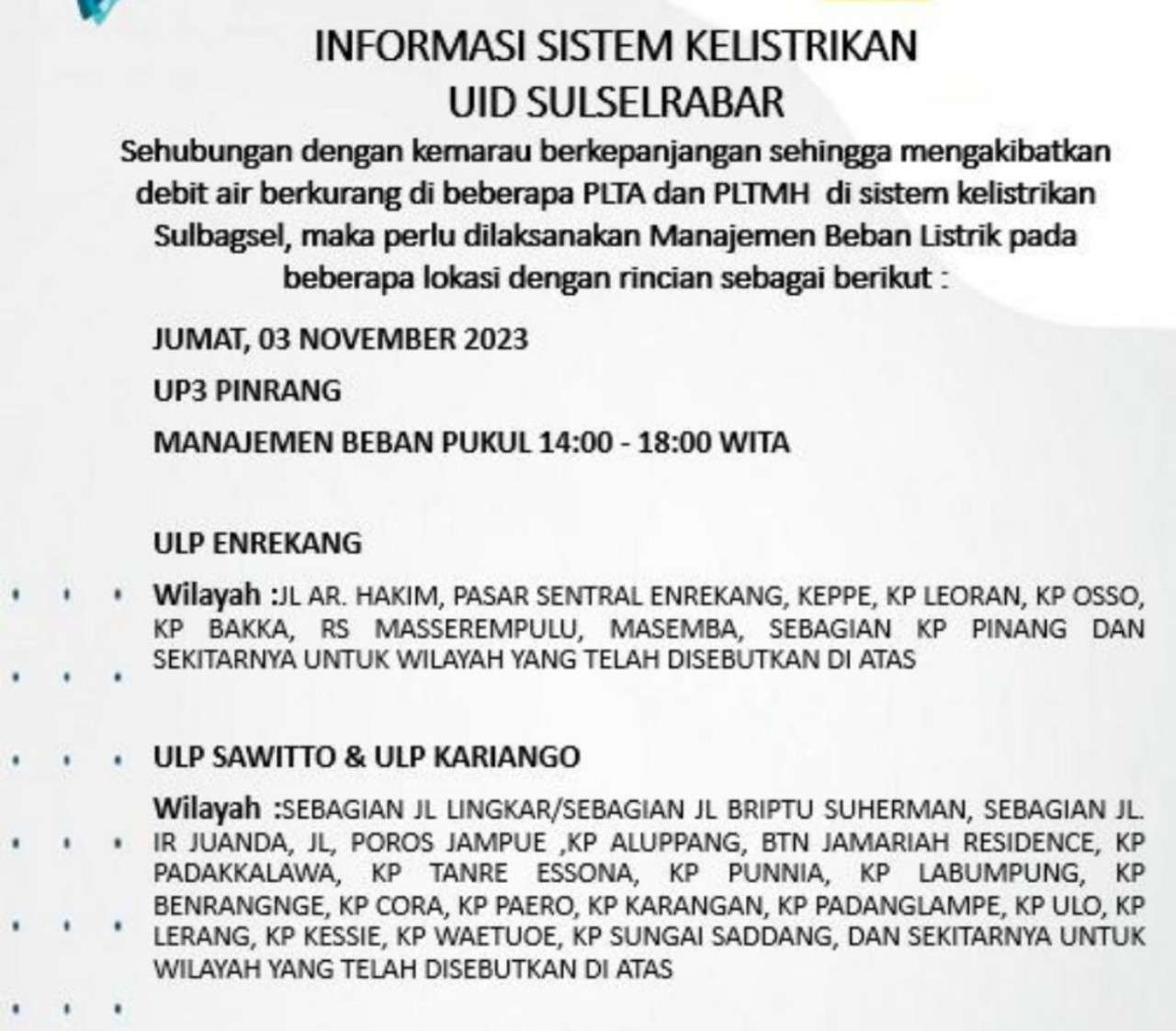 PLN Masih Lakukan Pemadaman Listrik di Pinrang dan Enrekang Hari Ini Sampai Malam