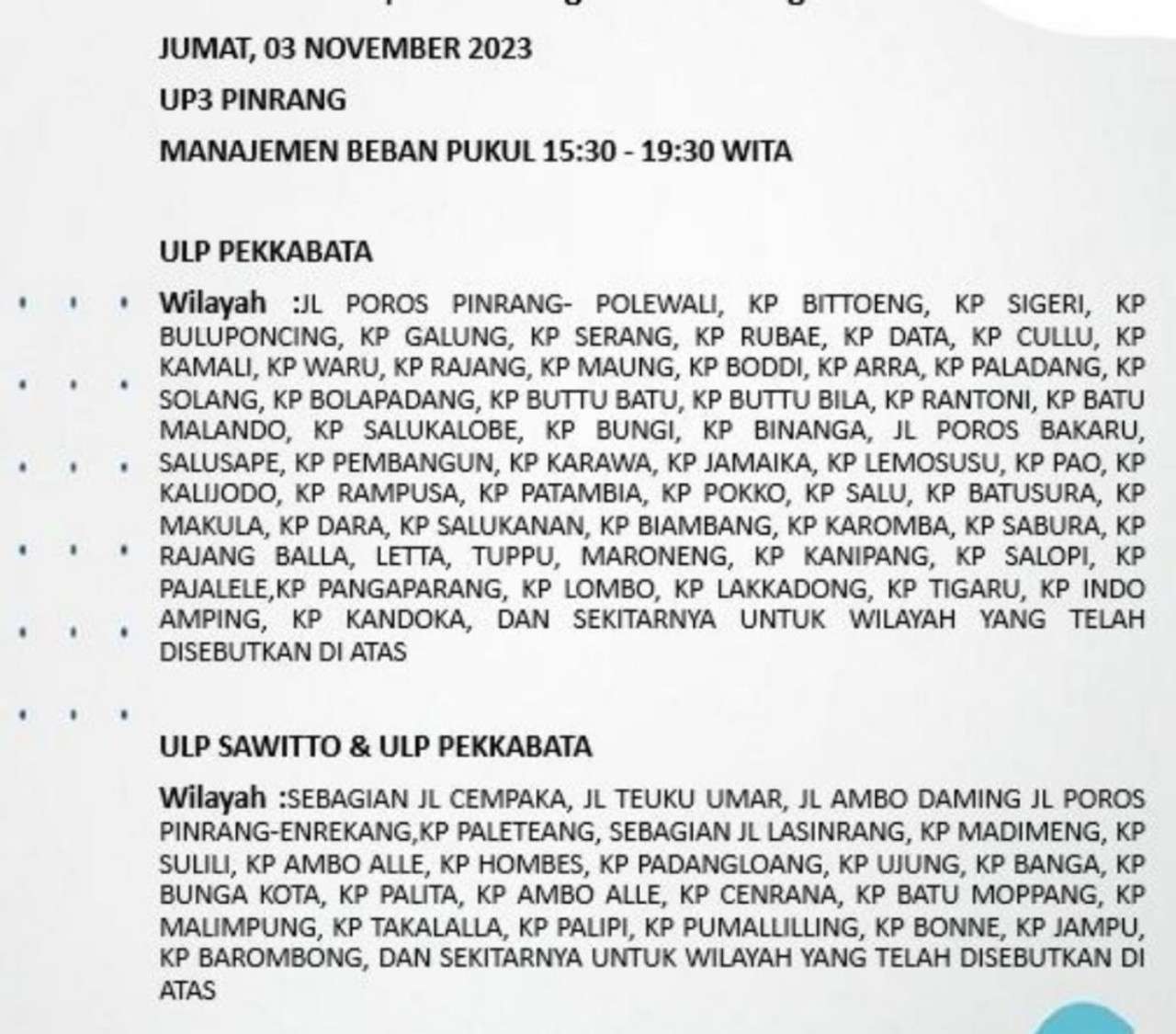 PLN Masih Lakukan Pemadaman Listrik di Pinrang dan Enrekang Hari Ini Sampai Malam