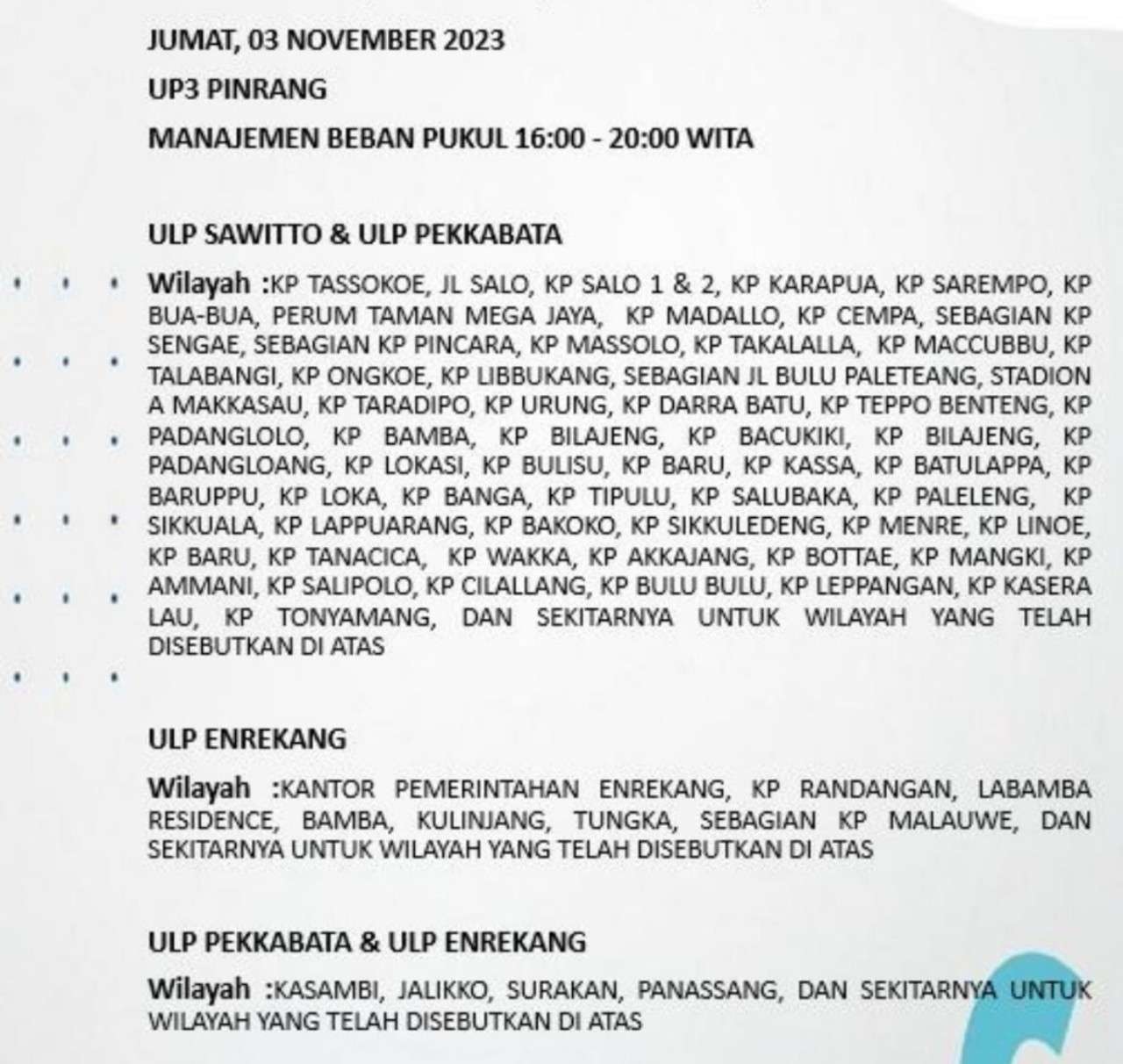 PLN Masih Lakukan Pemadaman Listrik di Pinrang dan Enrekang Hari Ini Sampai Malam