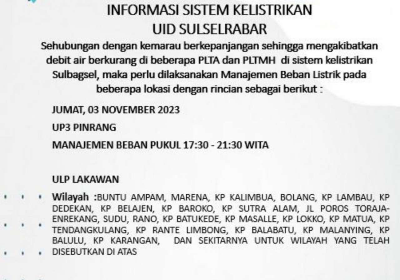 PLN Masih Lakukan Pemadaman Listrik di Pinrang dan Enrekang Hari Ini Sampai Malam