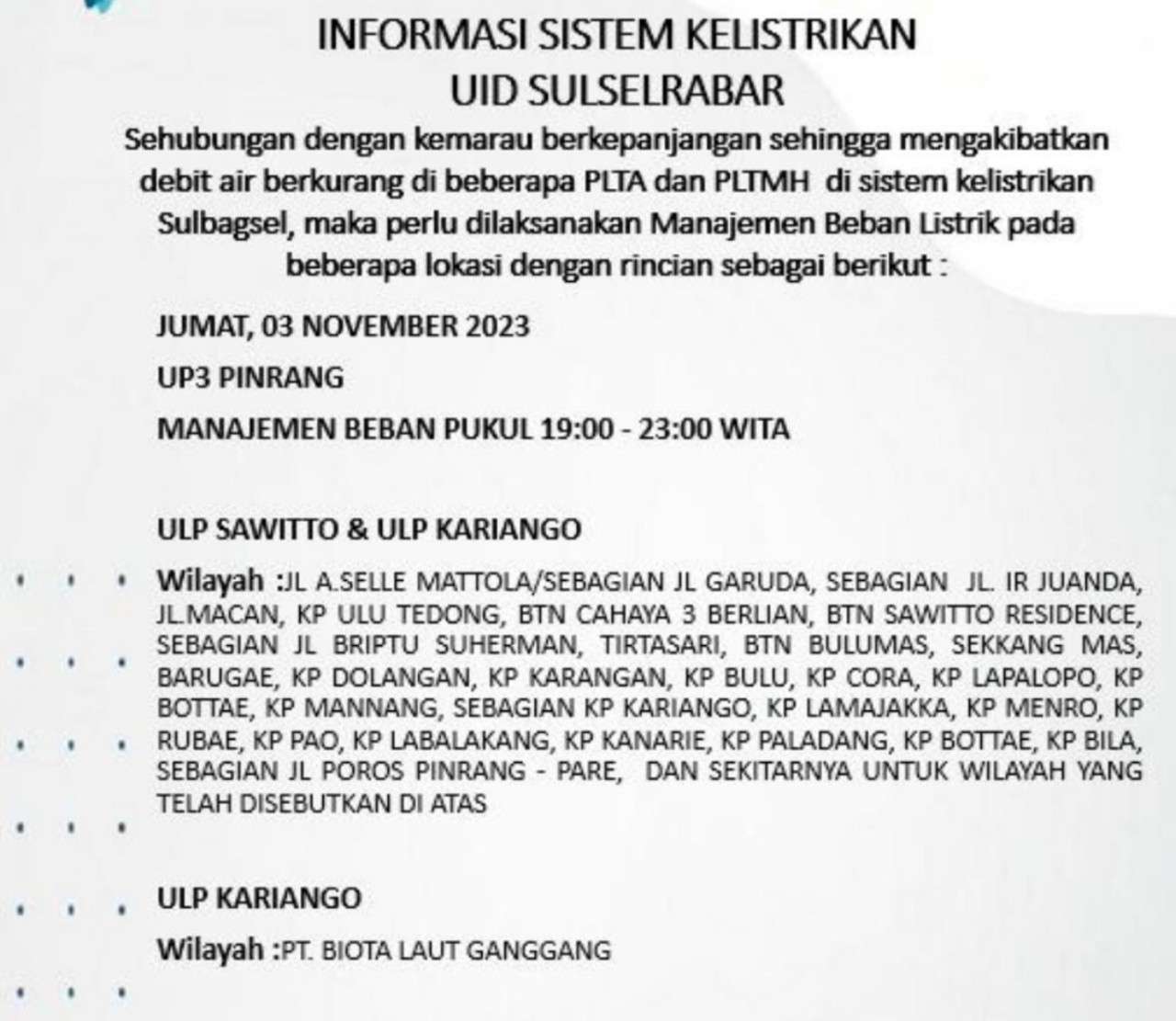 PLN Masih Lakukan Pemadaman Listrik di Pinrang dan Enrekang Hari Ini Sampai Malam