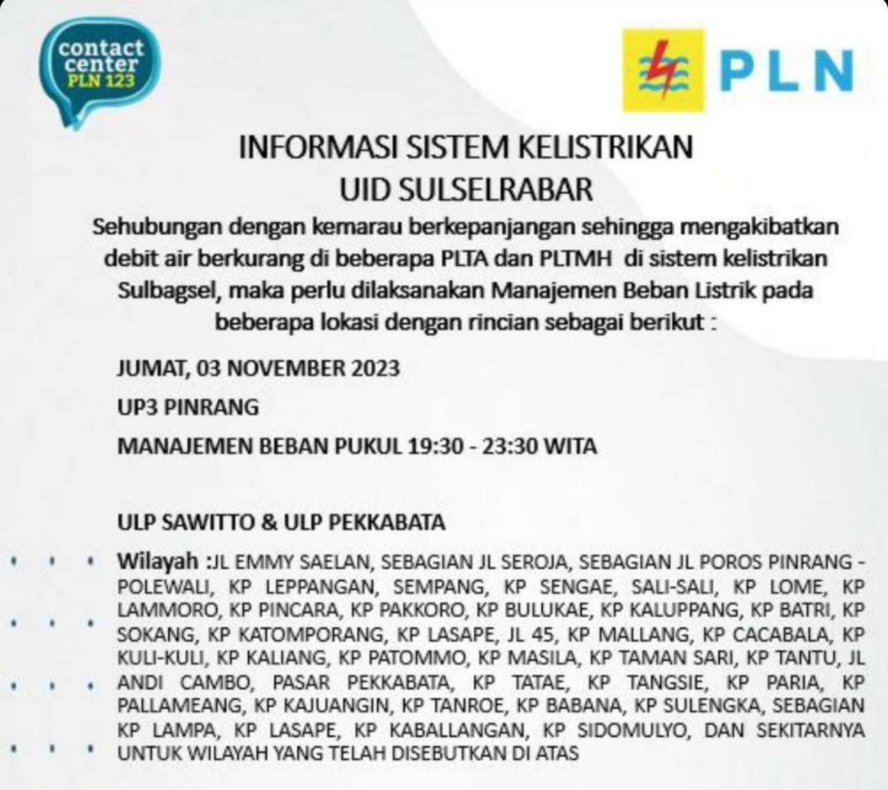 PLN Masih Lakukan Pemadaman Listrik di Pinrang dan Enrekang Hari Ini Sampai Malam