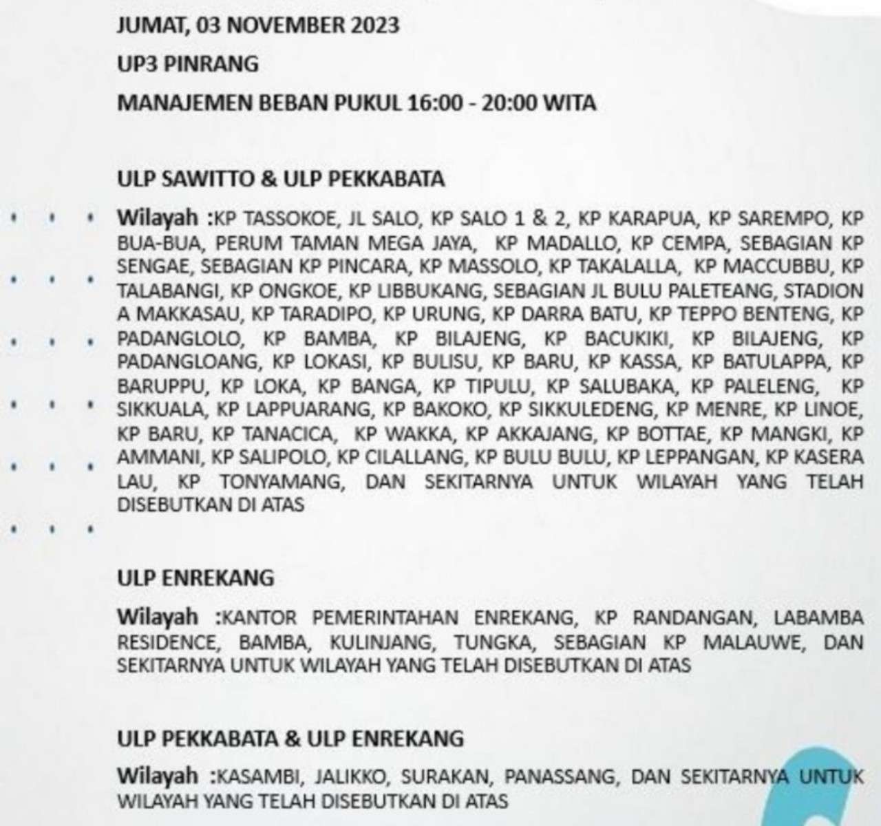 PLN Masih Lakukan Pemadaman Listrik di Pinrang dan Enrekang Hari Ini Sampai Malam